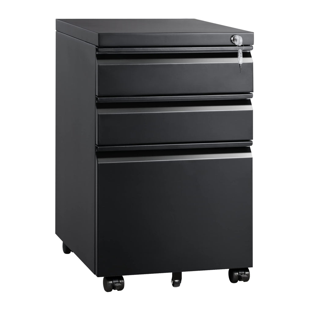 DEVAISE 3 Drawer Mobile File Cabinet with Lock, Under Desk Metal Filing Cabinet for Home Office/Legal/Letter/A4 File, Fully Assembled Except Wheels, Black
