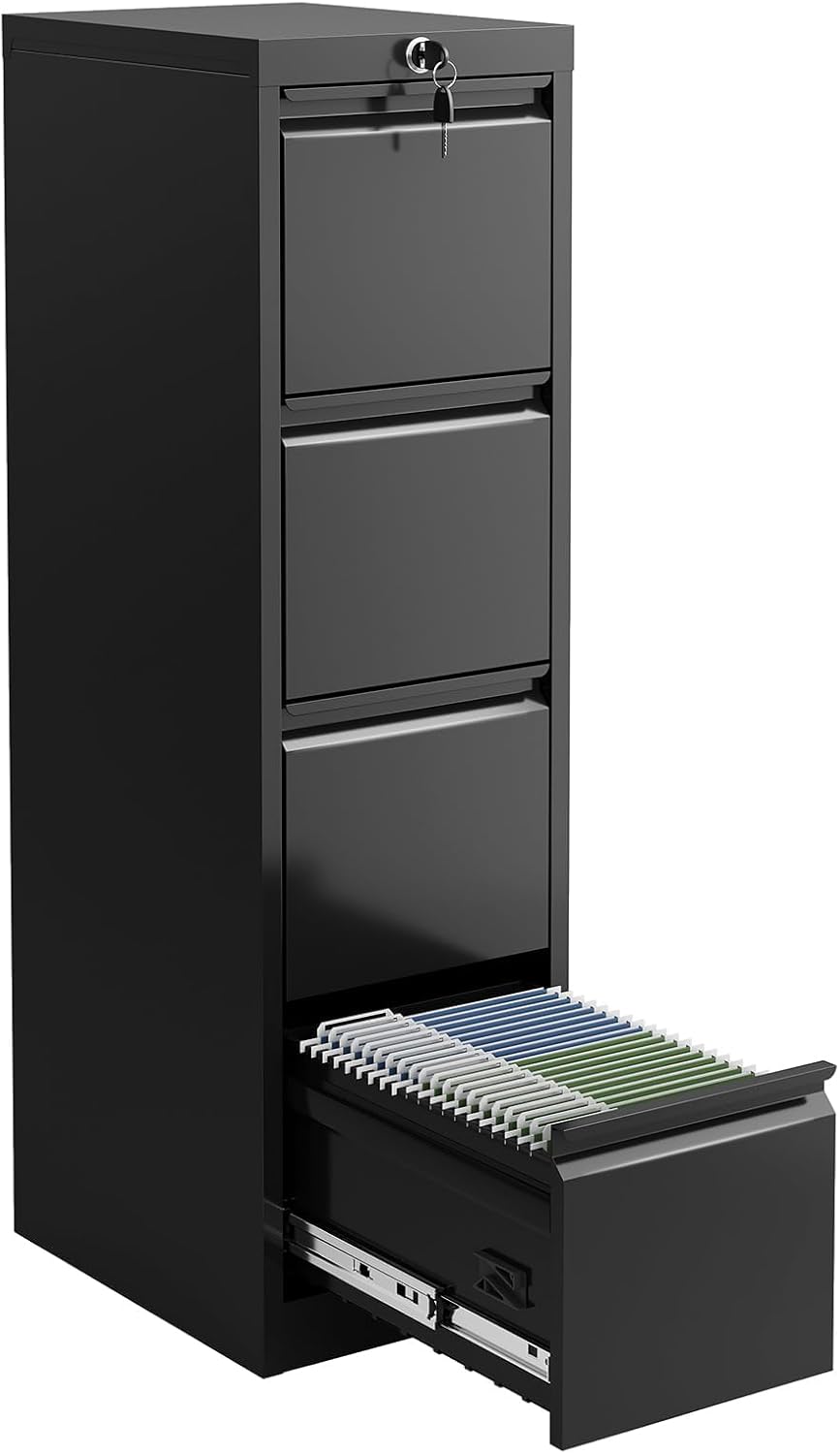 4 Drawer Metal File Cabinet with Lock, Wide Office Steel Filing Cabinet, Mobile Storage Organizer for Letter Legal Files, Home Office School Tool Storage Cabinet, Black