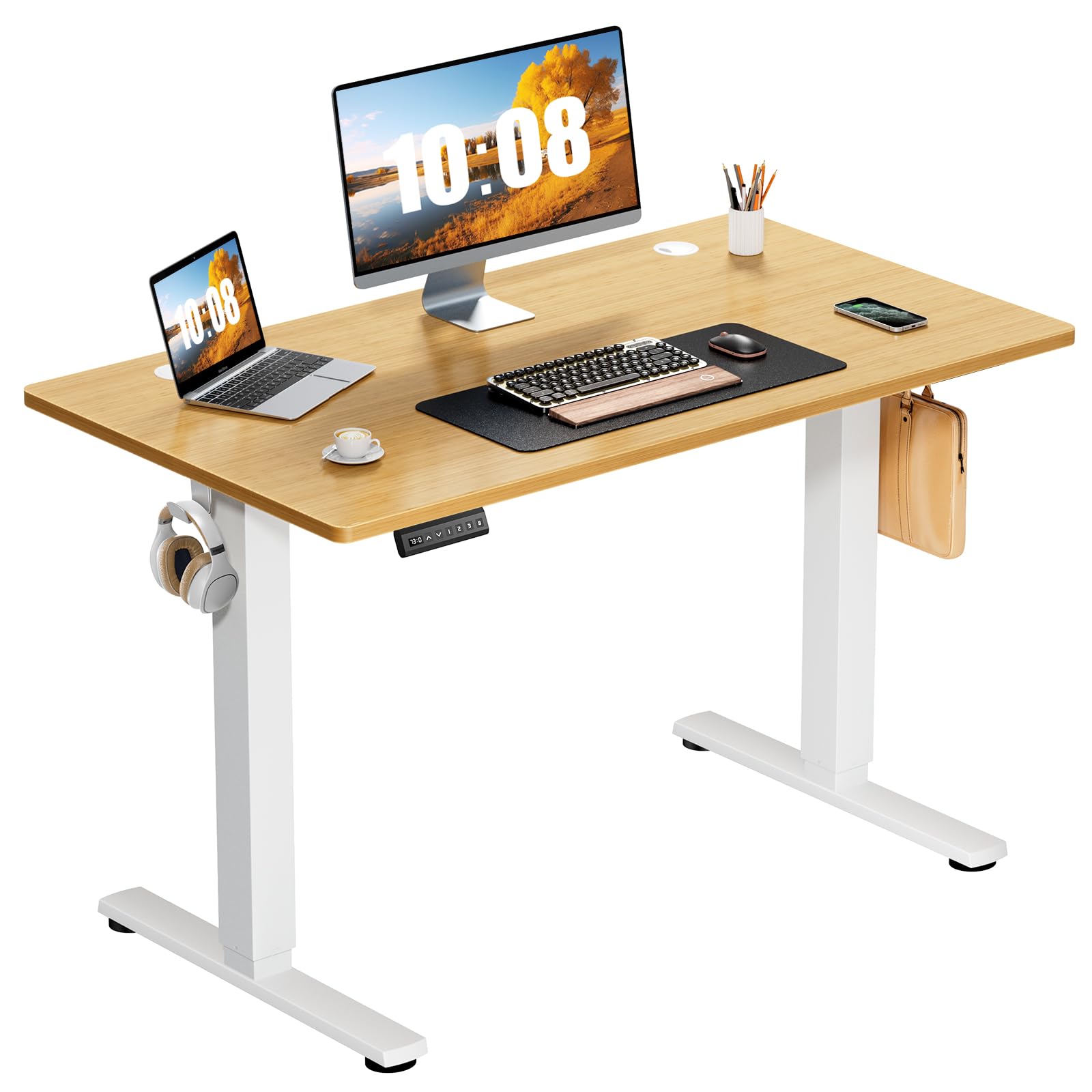 Sweetcrispy Electric Standing Desk Adjustable Height, 40x24 Inch Sit Stand Up Home Office Desks Computer Workstation PC Work Table with 3 Memory Preset Splice Wood Board Metal Frame, White