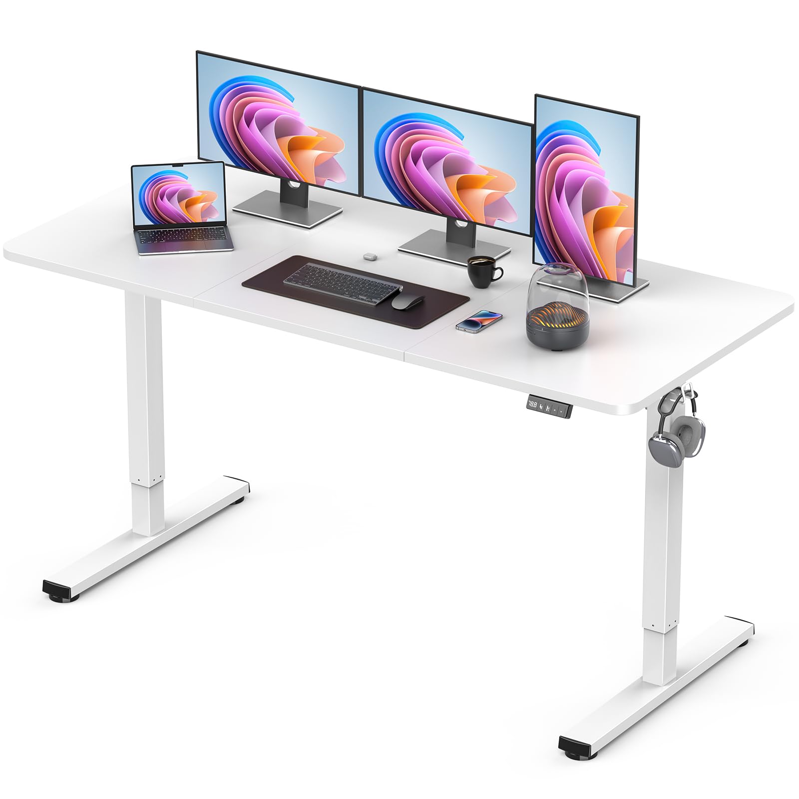 32" Small Electric Rolling Standing Desk Adjustable Height, Mobile Sit Stand up Desk with Lockable Casters for Home Office & Computer Workstation, Splice Board, 2 Hooks, White Frame/White Top