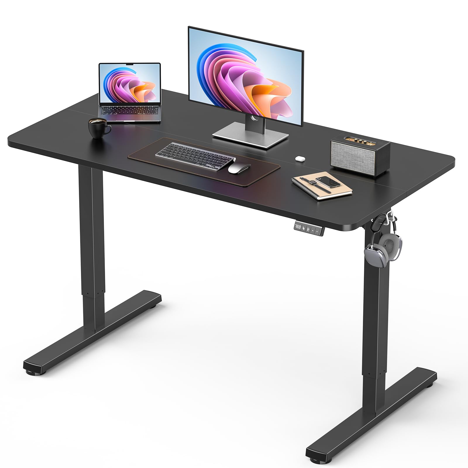 32" Small Electric Rolling Standing Desk Adjustable Height, Mobile Sit Stand up Desk with Lockable Casters for Home Office & Computer Workstation, Splice Board, 2 Hooks, White Frame/White Top