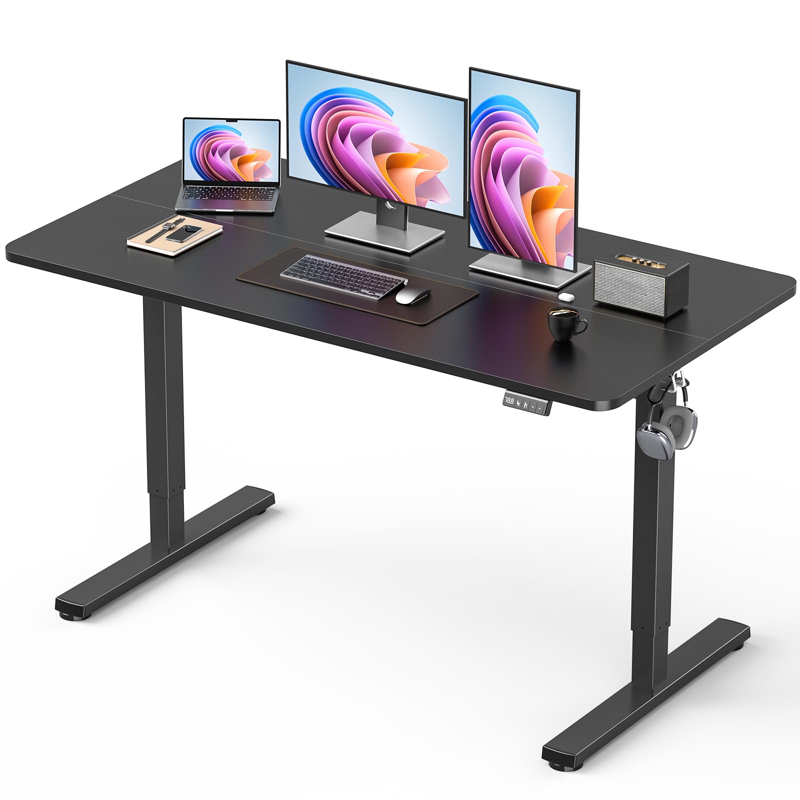 32" Small Electric Rolling Standing Desk Adjustable Height, Mobile Sit Stand up Desk with Lockable Casters for Home Office & Computer Workstation, Splice Board, 2 Hooks, White Frame/White Top