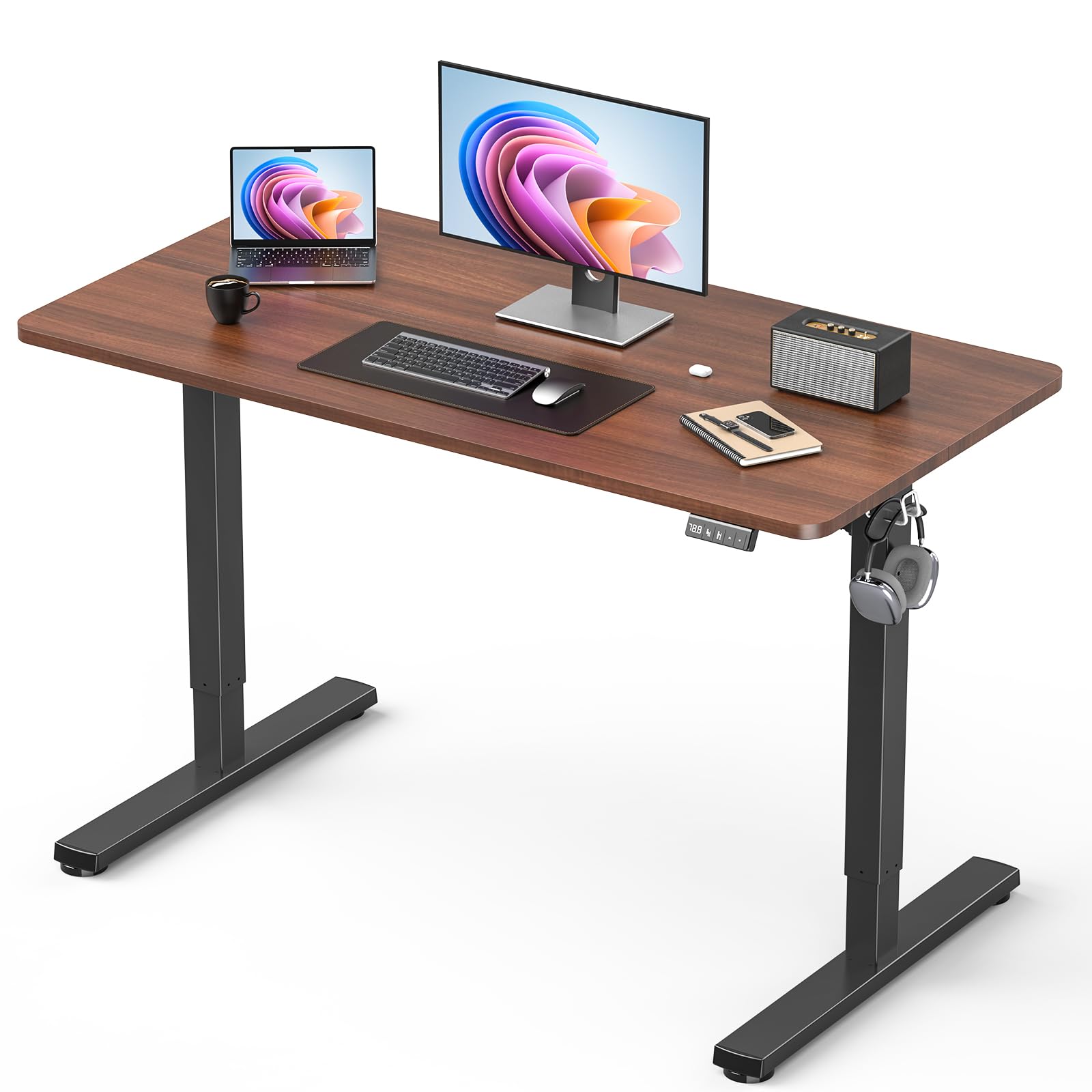 32" Small Electric Rolling Standing Desk Adjustable Height, Mobile Sit Stand up Desk with Lockable Casters for Home Office & Computer Workstation, Splice Board, 2 Hooks, White Frame/White Top