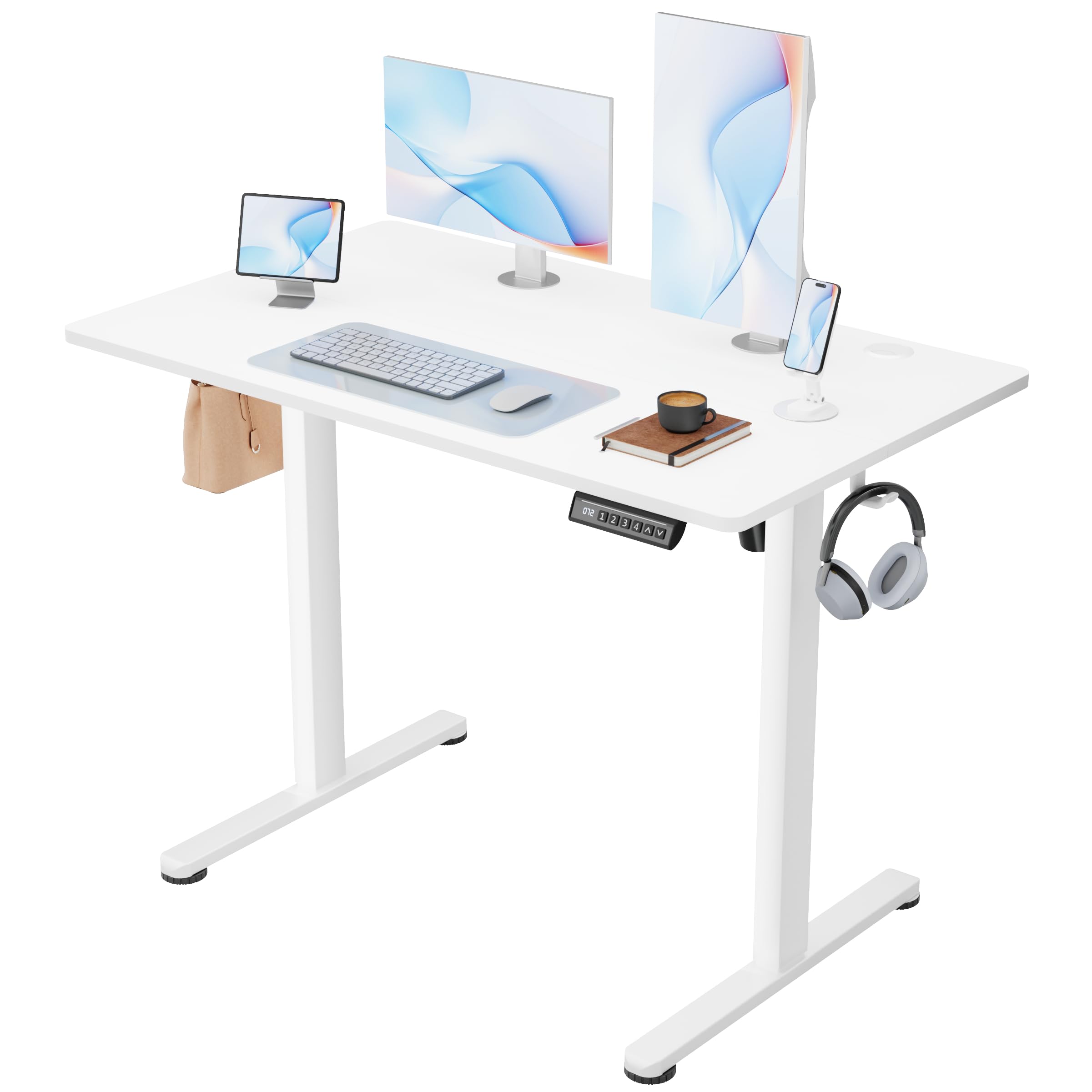 Furmax Electric Standing Desk, 45 x 24 Inches Sit Stand up Desk, Sit Stand Height Adjustable Home Office Desk with 4 Height Position Memory - with Splice Board (White, 45)