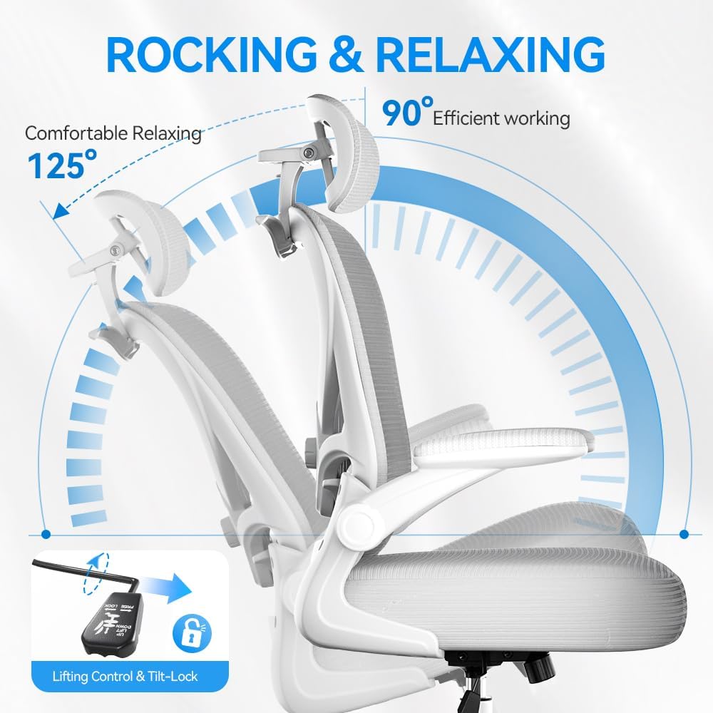 Freepub Ergonomic Office Chair with Headrest 3D, Mesh Office Desk Chair with Adjustable Lumbar Support, Computer Chair with Flip up Armrests, 350LBS Capacity - Design for Home/Offices - Grey