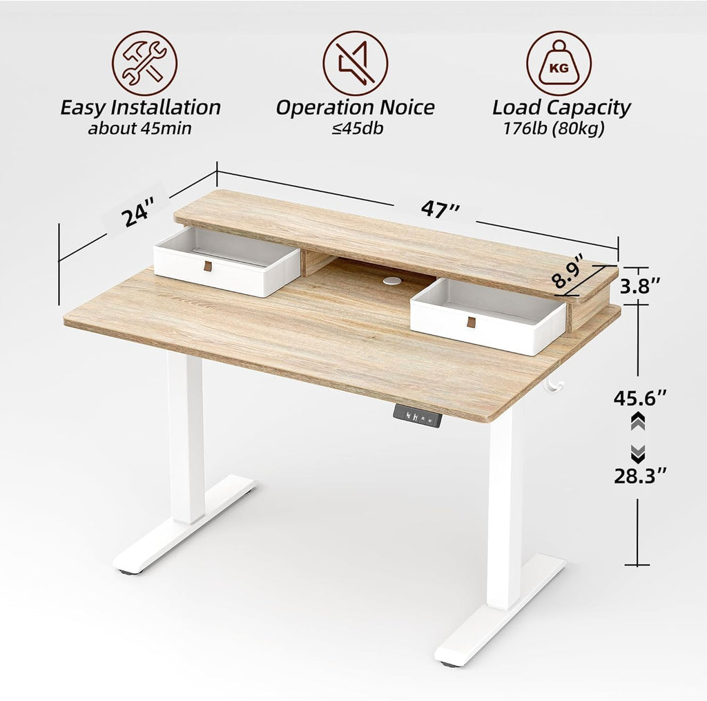 TIQLAB Standing Desk with Two Drawers, Stand Up Standing Desk Adjustable Height, Electric Sit Stand Table with Storage Shelf and Splice Board, 48 * 24 inch, Maple