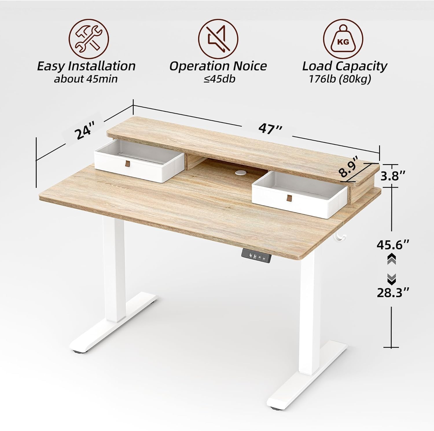 TIQLAB Standing Desk with Two Drawers, Stand Up Standing Desk Adjustable Height, Electric Sit Stand Table with Storage Shelf and Splice Board, 48 * 24 inch, Maple
