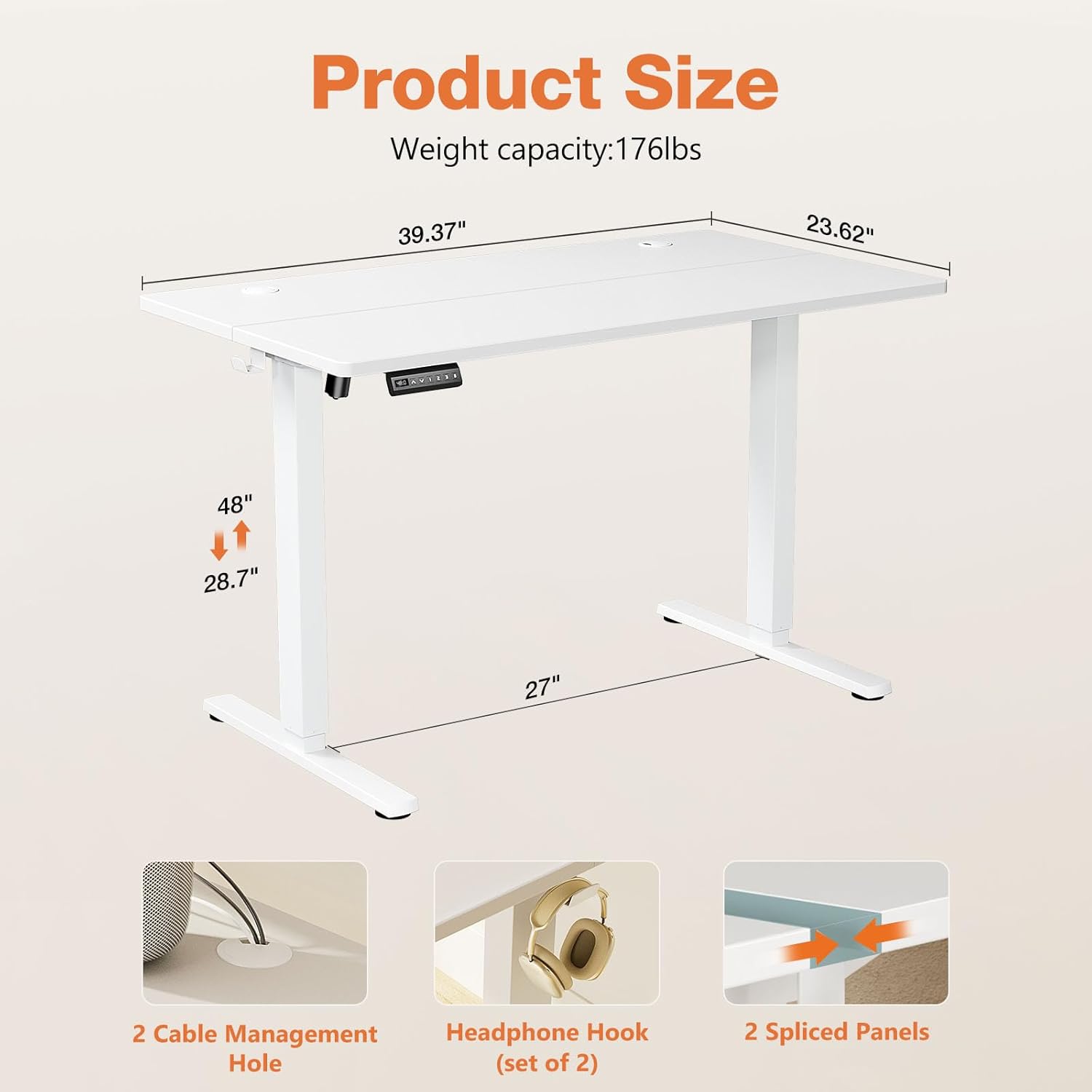 Sweetcrispy Electric Standing Desk Adjustable Height, 40x24 Inch Sit Stand Up Home Office Desks Computer Workstation PC Work Table with 3 Memory Preset Splice Wood Board Metal Frame, White