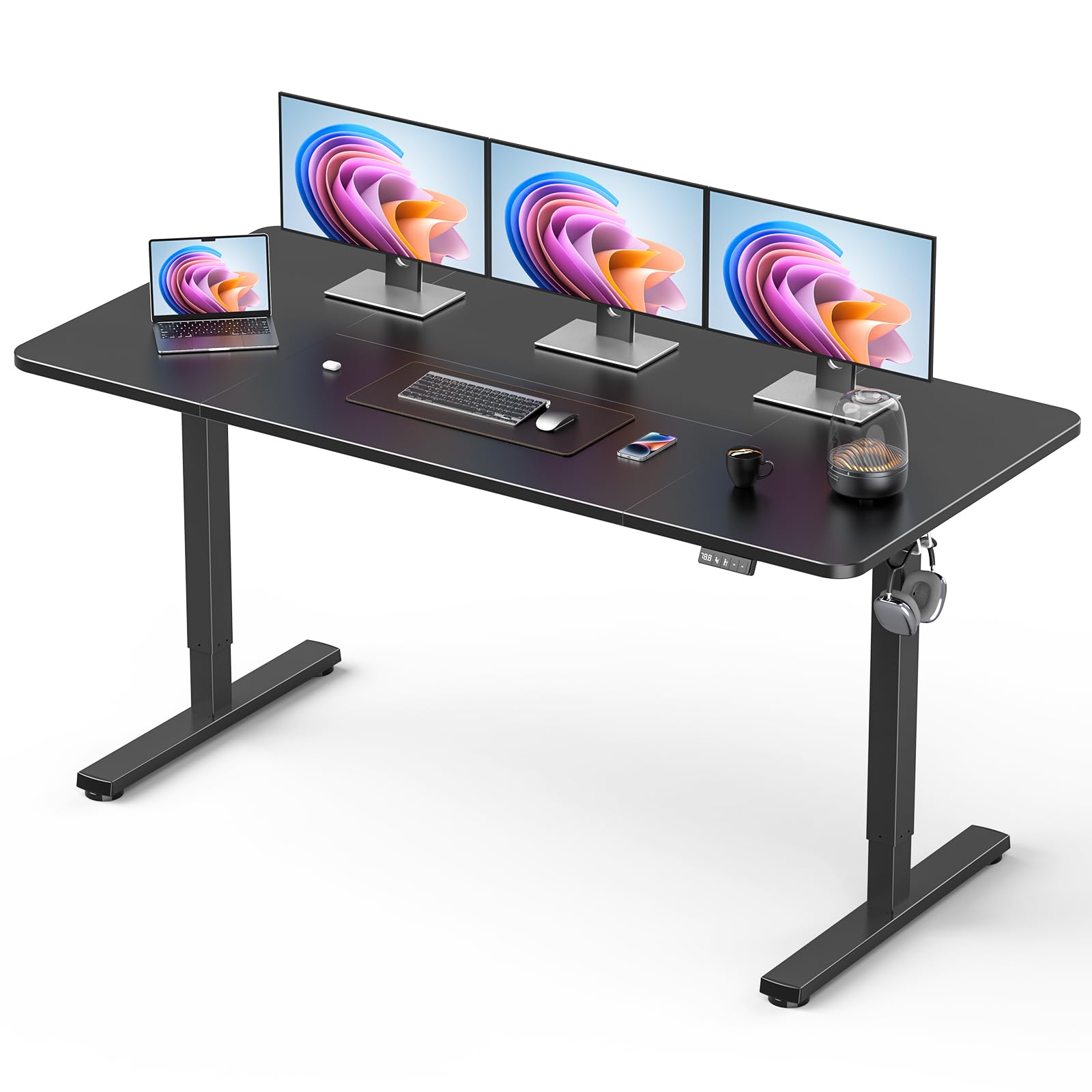 32" Small Electric Rolling Standing Desk Adjustable Height, Mobile Sit Stand up Desk with Lockable Casters for Home Office & Computer Workstation, Splice Board, 2 Hooks, White Frame/White Top
