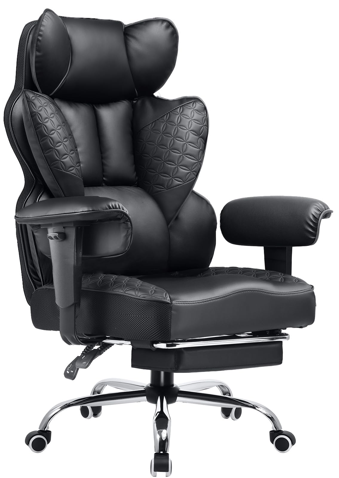 COMHOMA Big and Tall Office Chair Heavy Duty Wide Ergonomic Gaming Chair with Deluxe Embossing Designed Leather with Foot Rest,150°Reclining Adjustable Armrests Pocket Spring Back Support and Pillow