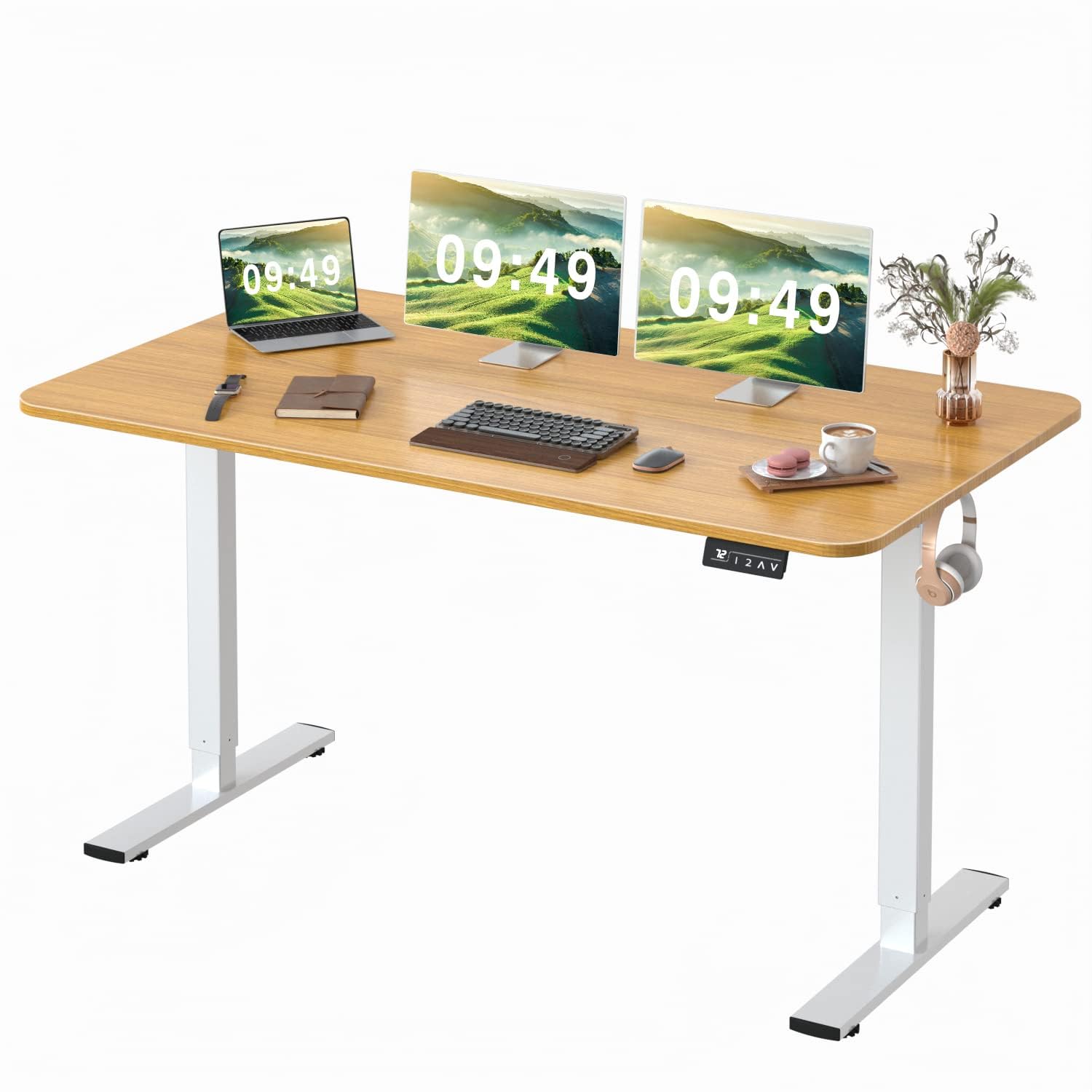 Furmax Electric Standing Desk, 45 x 24 Inches Sit Stand up Desk, Sit Stand Height Adjustable Home Office Desk with 4 Height Position Memory - with Splice Board (White, 45)