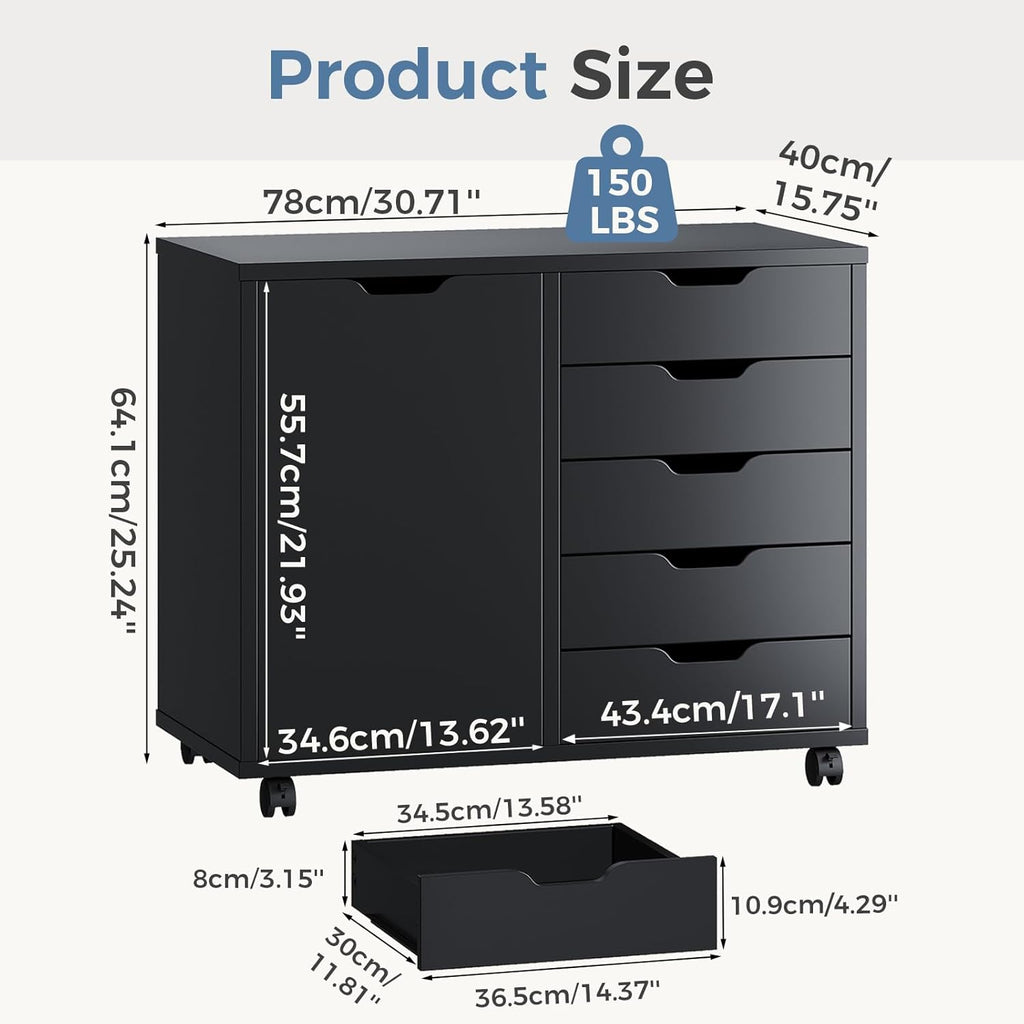 DUMOS 5 Drawer File Cabinet Office Drawers Organizer with Wheels Rolliing, Under Desk Cabinets with Shelves and Door Printer Stand with Wood Board Metal Frame for Home Office Storage Craft Room, Black