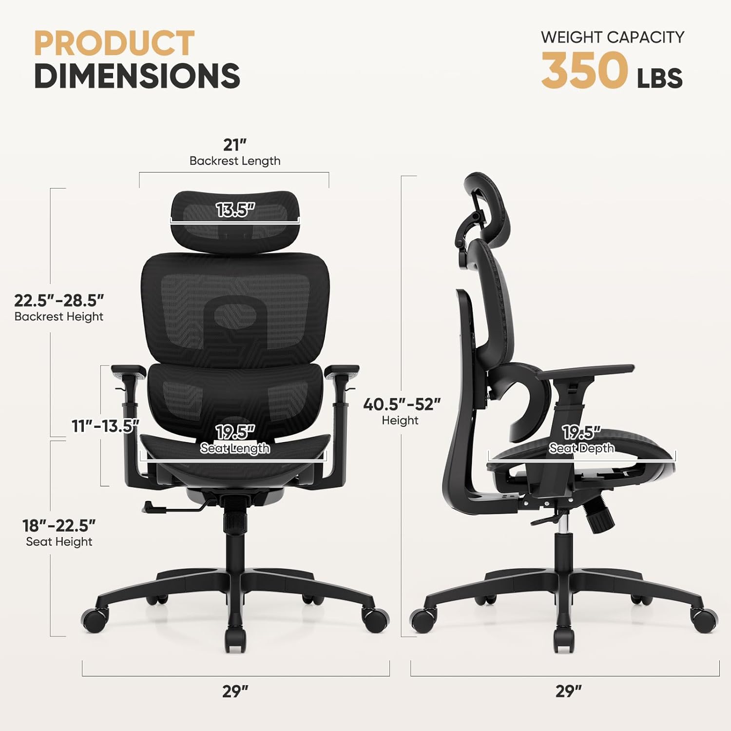 Magshion Ergonomic Office Chair, Swivel Executive Work Task Chair with Adjustable Headrest, 3D Armrests, Tilt Lock and Lumbar Support, Mesh Desk Chair for Home Office, 350 LBS Capacity, Black