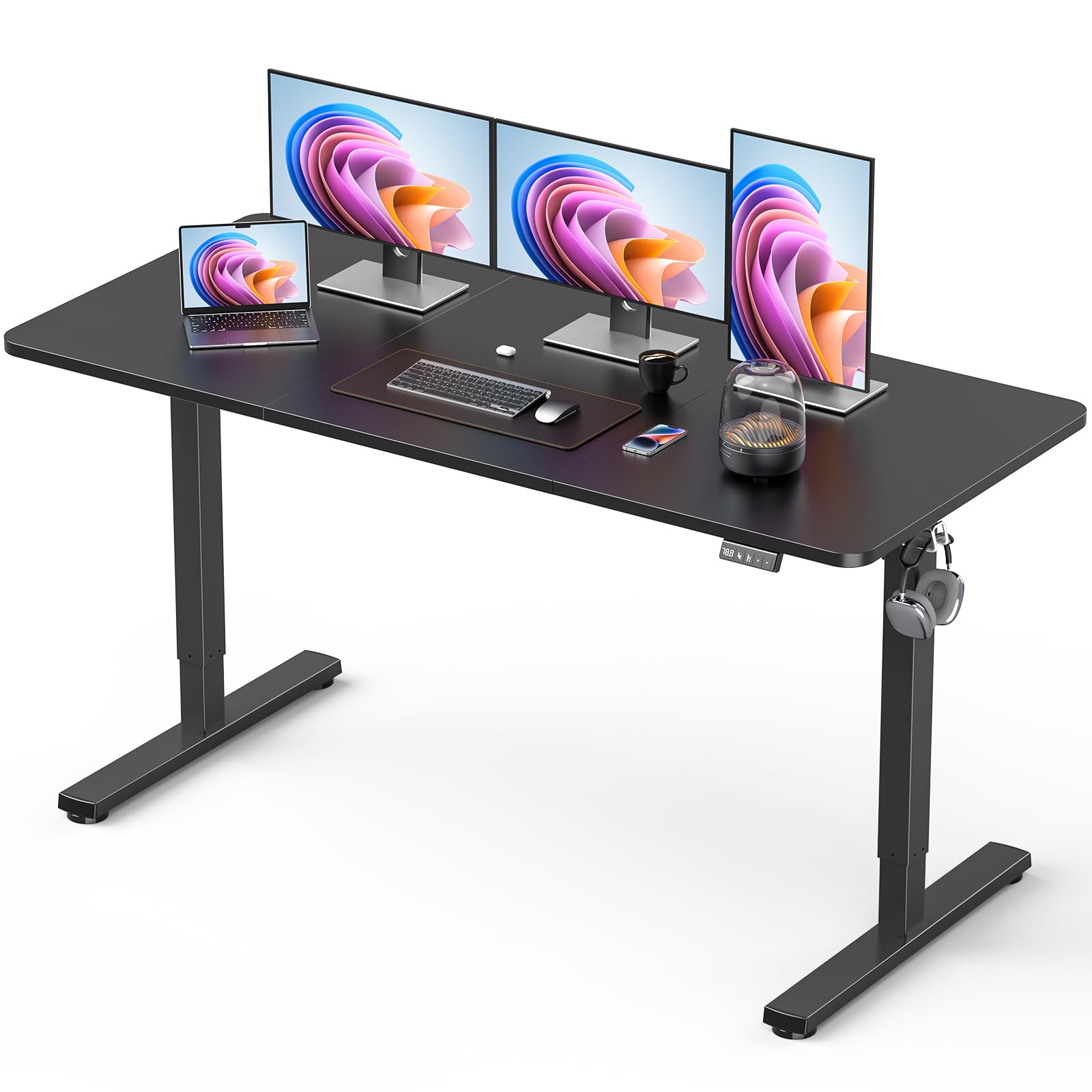 32" Small Electric Rolling Standing Desk Adjustable Height, Mobile Sit Stand up Desk with Lockable Casters for Home Office & Computer Workstation, Splice Board, 2 Hooks, White Frame/White Top