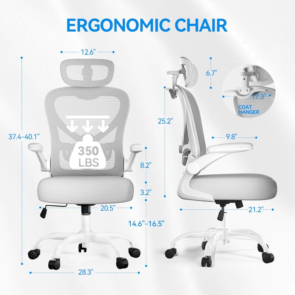 Freepub Ergonomic Office Chair with Headrest 3D, Mesh Office Desk Chair with Adjustable Lumbar Support, Computer Chair with Flip up Armrests, 350LBS Capacity - Design for Home/Offices - Grey