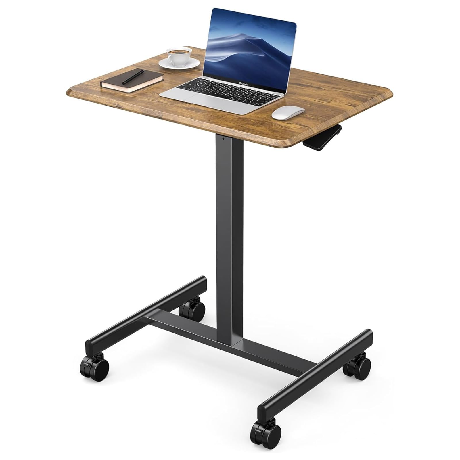 DUMOS Small Standing Desk Mobile Portable Rolling Laptop PC Table on Wheels Adjustable Height Computer Workstation for Home Office, 19 Inch, Modern White