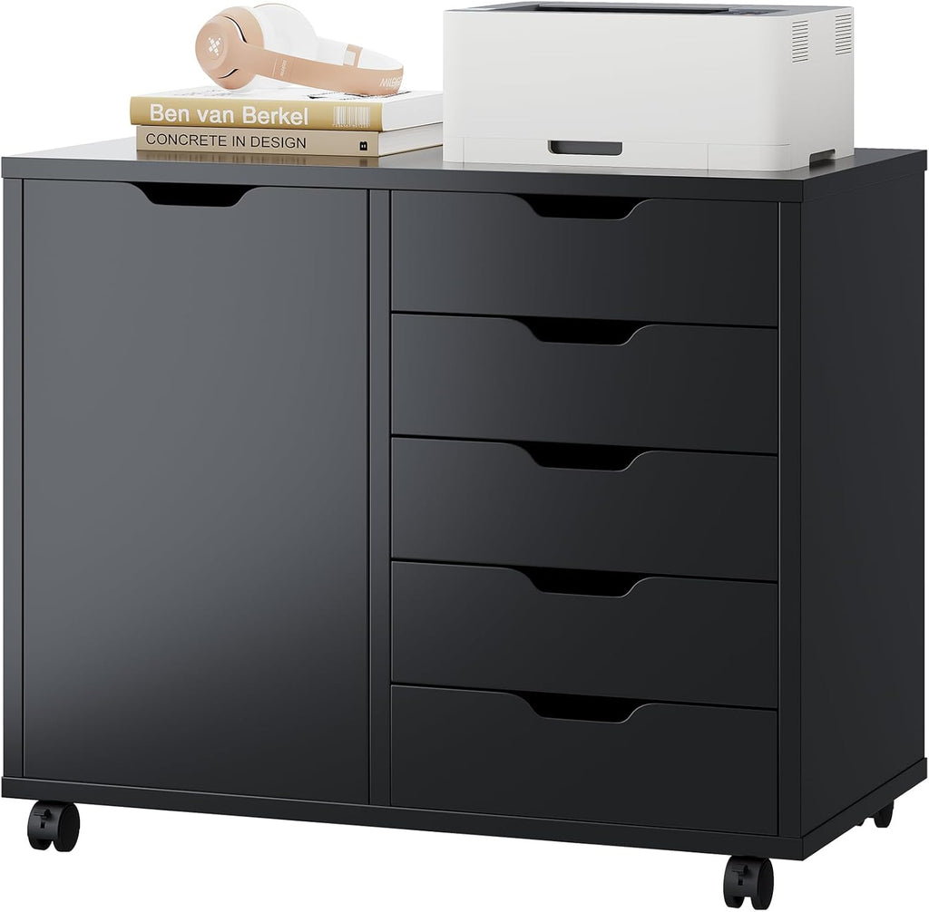 DUMOS 5 Drawer File Cabinet Office Drawers Organizer with Wheels Rolliing, Under Desk Cabinets with Shelves and Door Printer Stand with Wood Board Metal Frame for Home Office Storage Craft Room, Black