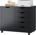 DUMOS 5 Drawer File Cabinet Office Drawers Organizer with Wheels Rolliing, Under Desk Cabinets with Shelves and Door Printer Stand with Wood Board Metal Frame for Home Office Storage Craft Room, Black