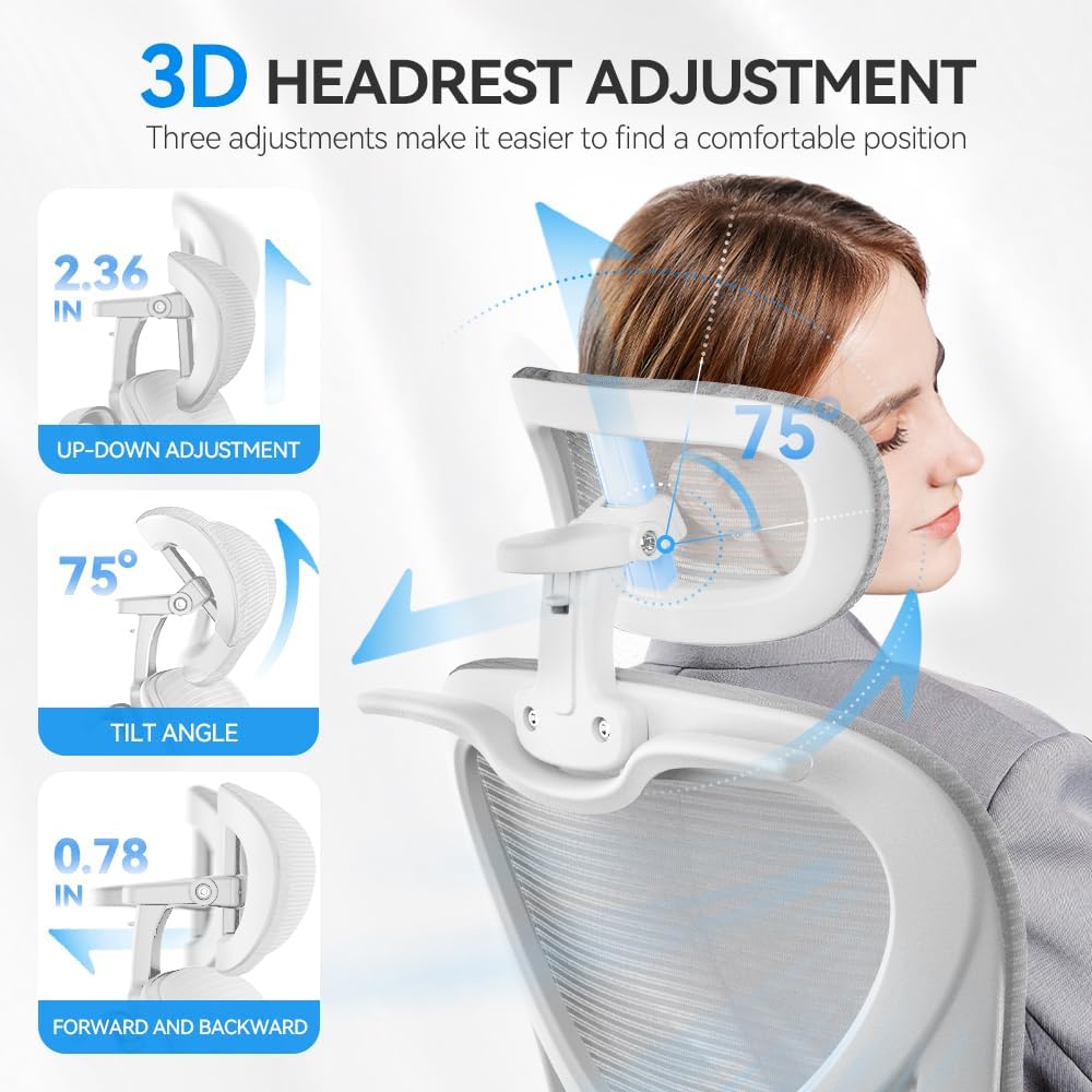 Freepub Ergonomic Office Chair with Headrest 3D, Mesh Office Desk Chair with Adjustable Lumbar Support, Computer Chair with Flip up Armrests, 350LBS Capacity - Design for Home/Offices - Grey