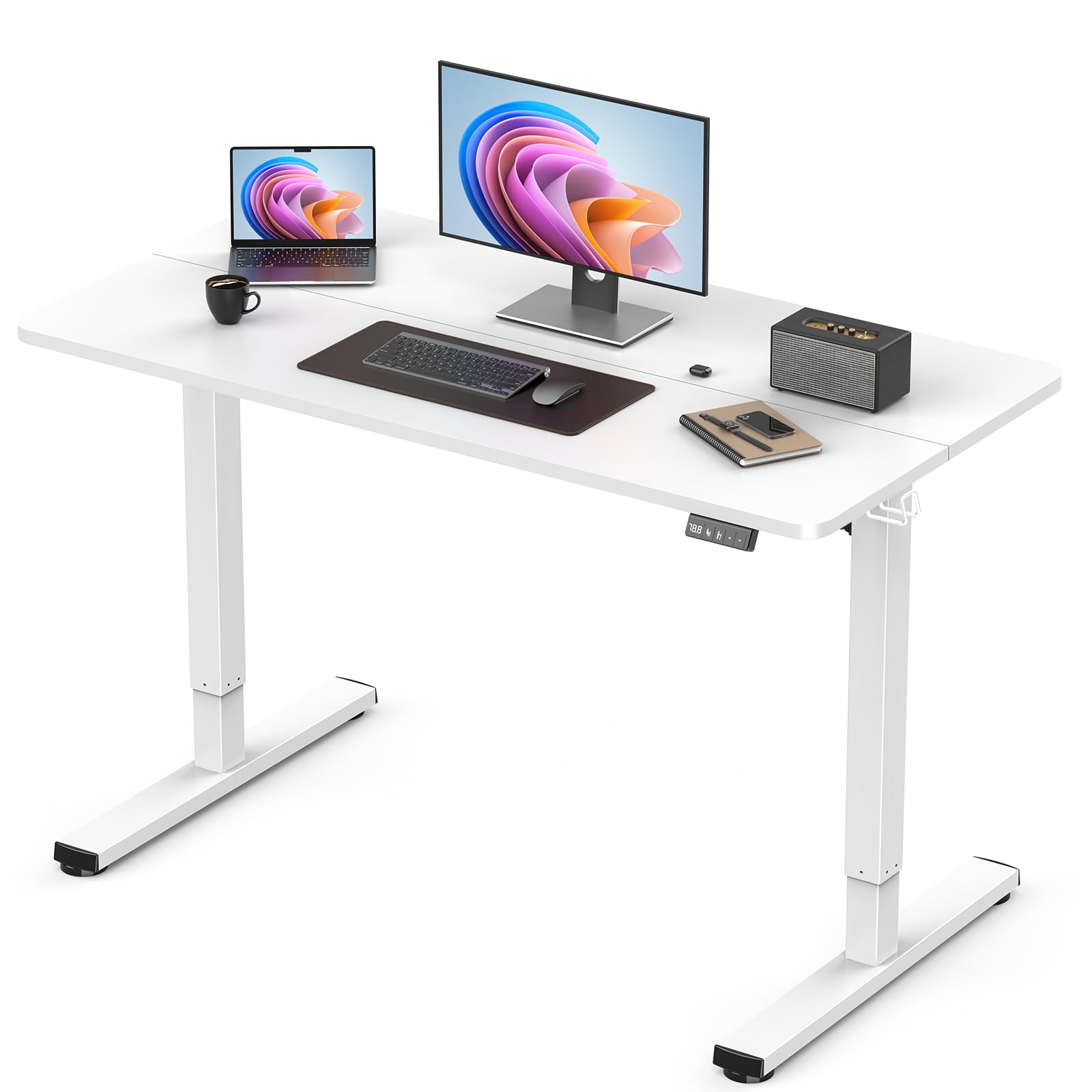 32" Small Electric Rolling Standing Desk Adjustable Height, Mobile Sit Stand up Desk with Lockable Casters for Home Office & Computer Workstation, Splice Board, 2 Hooks, White Frame/White Top