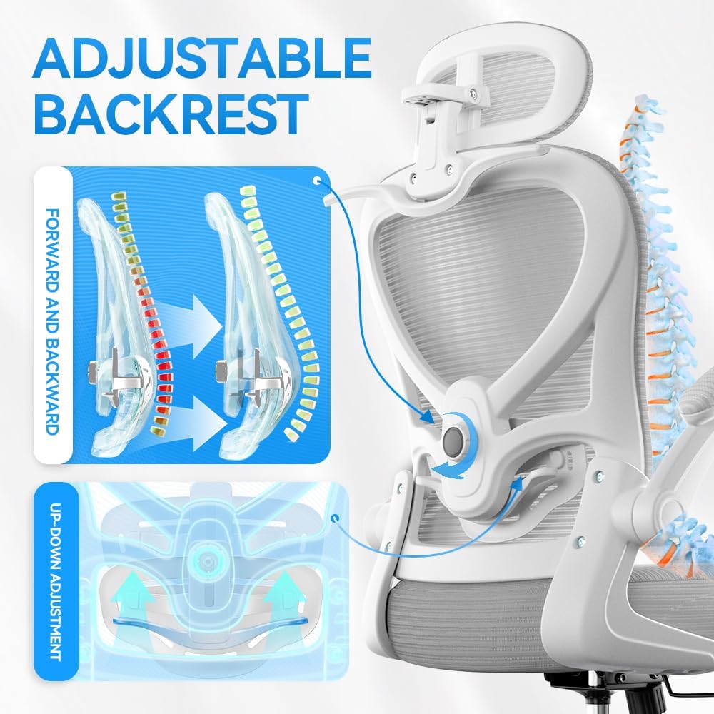 Freepub Ergonomic Office Chair with Headrest 3D, Mesh Office Desk Chair with Adjustable Lumbar Support, Computer Chair with Flip up Armrests, 350LBS Capacity - Design for Home/Offices - Grey