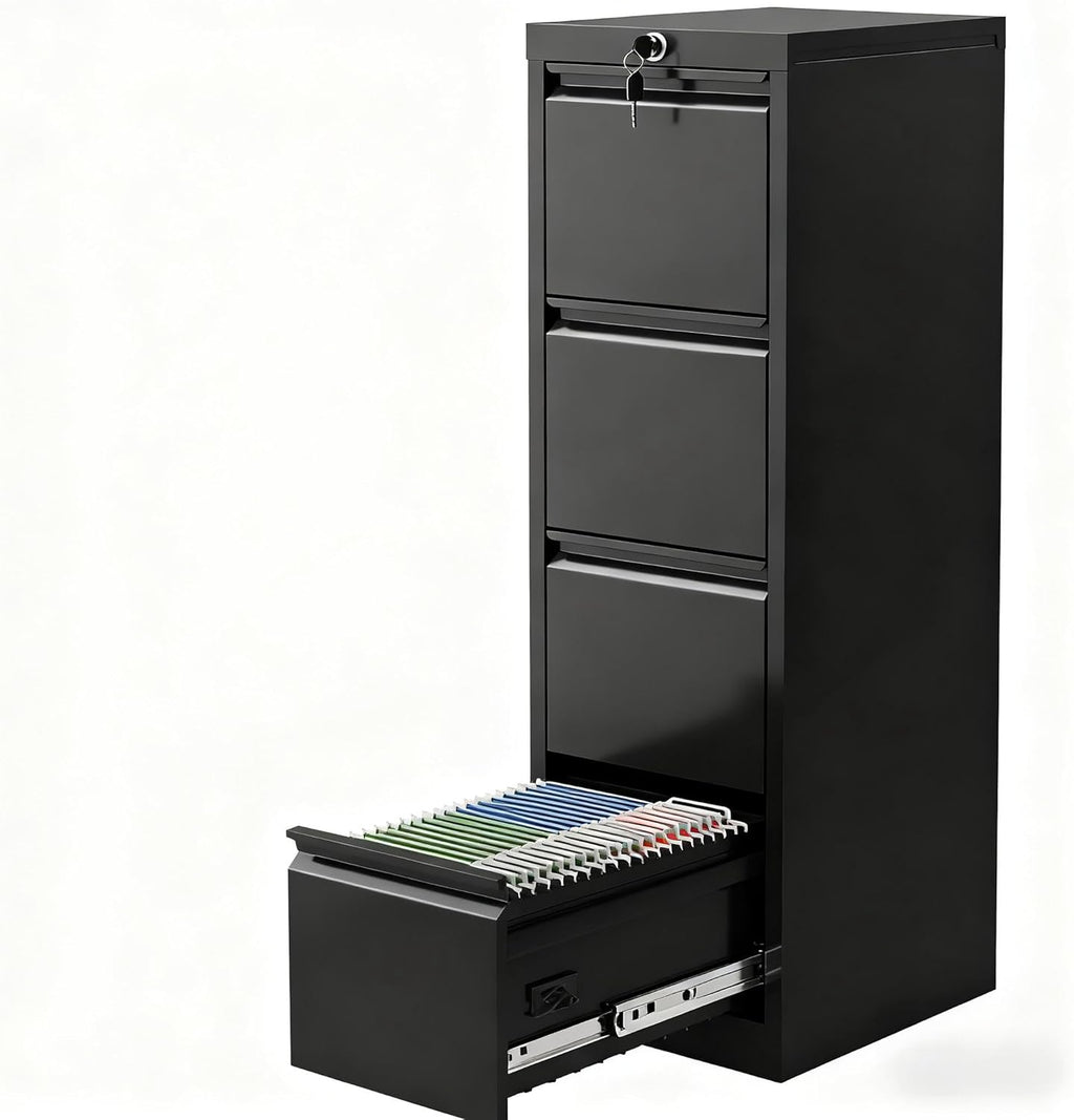 4 Drawer Metal File Cabinet with Lock, Wide Office Steel Filing Cabinet, Mobile Storage Organizer for Letter Legal Files, Home Office School Tool Storage Cabinet, Black
