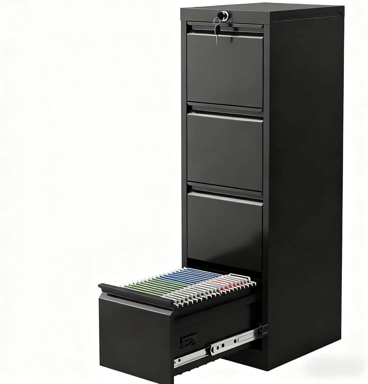 4 Drawer Metal File Cabinet with Lock, Wide Office Steel Filing Cabinet, Mobile Storage Organizer for Letter Legal Files, Home Office School Tool Storage Cabinet, Black