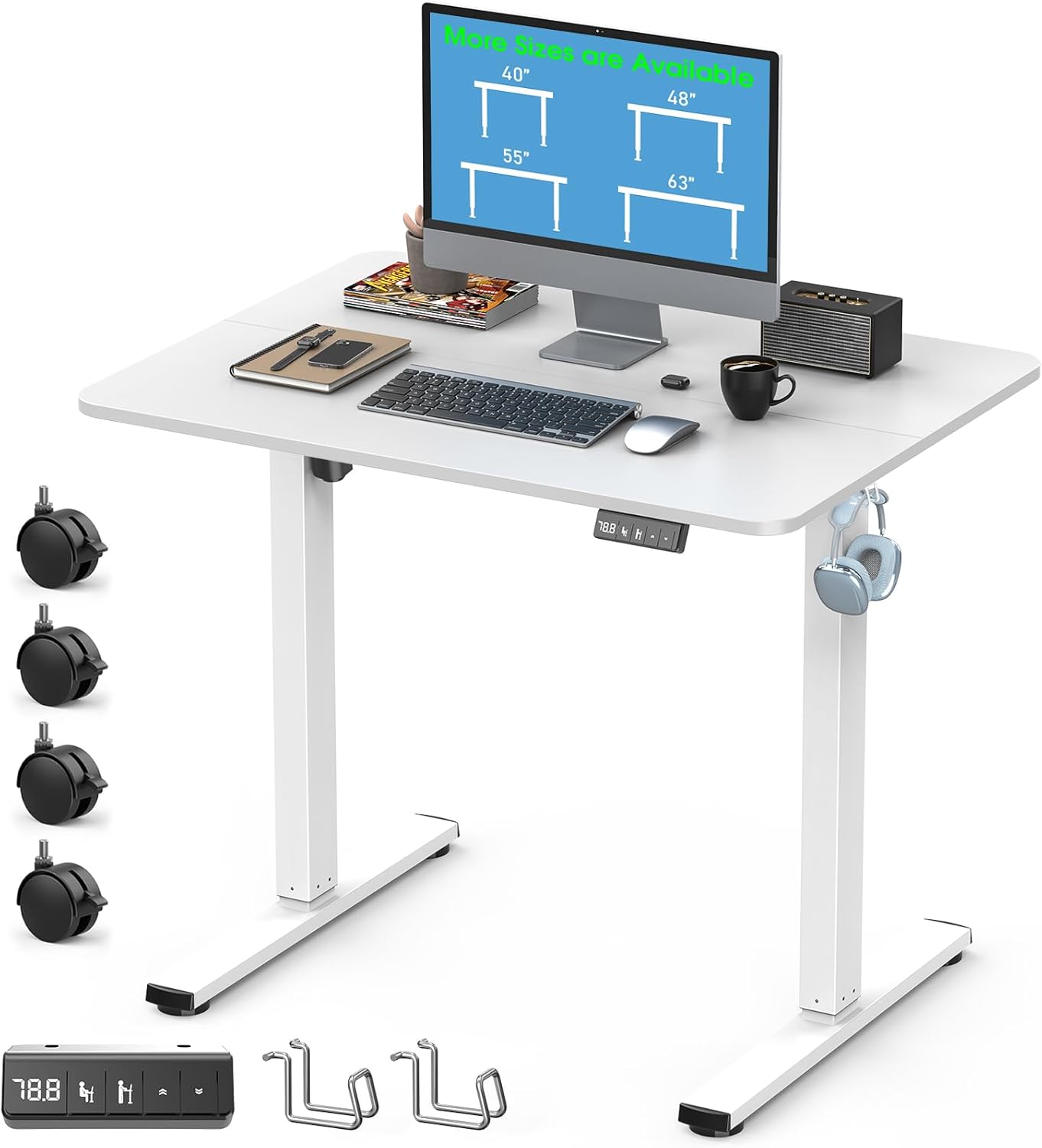 32" Small Electric Rolling Standing Desk Adjustable Height, Mobile Sit Stand up Desk with Lockable Casters for Home Office & Computer Workstation, Splice Board, 2 Hooks, White Frame/White Top