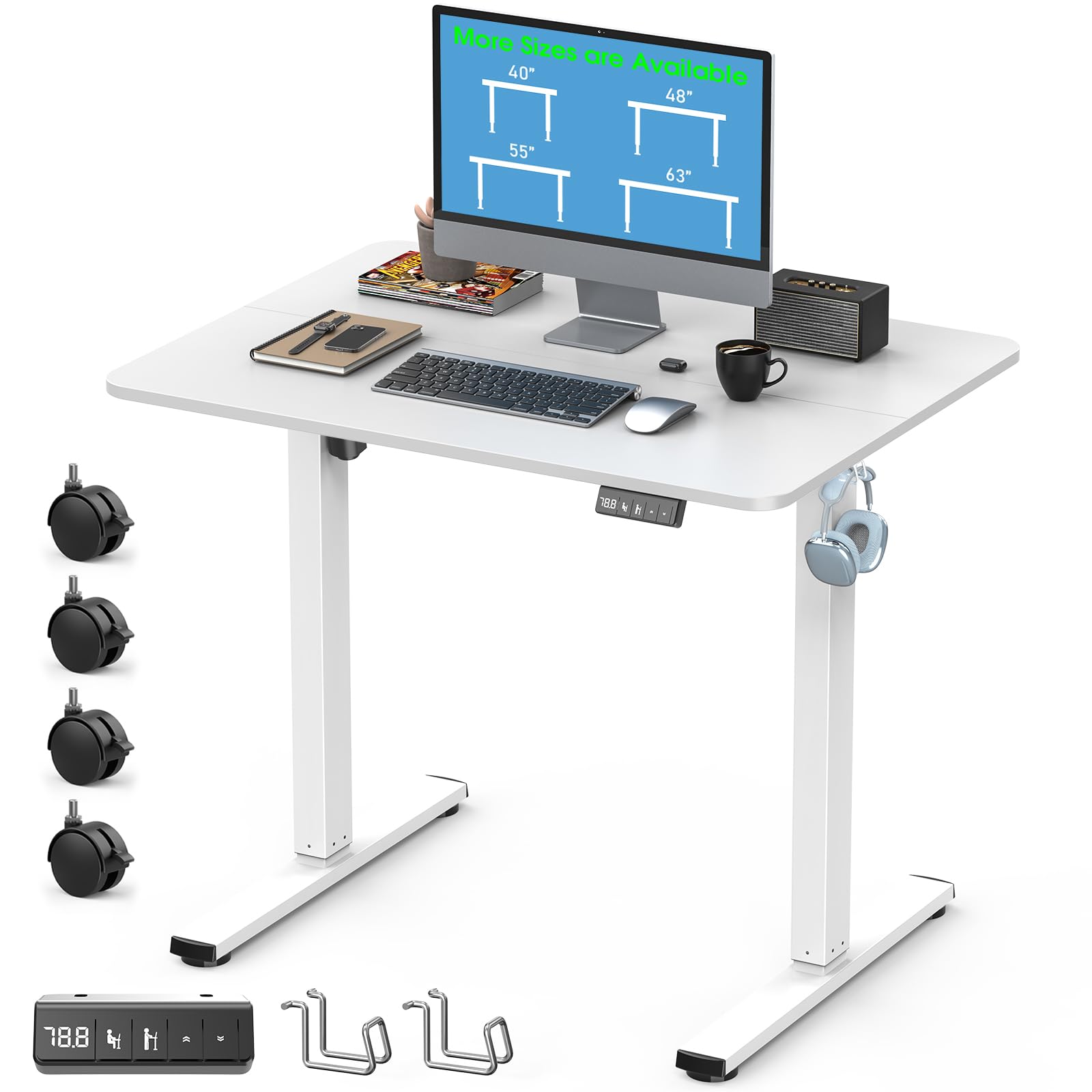 32" Small Electric Rolling Standing Desk Adjustable Height, Mobile Sit Stand up Desk with Lockable Casters for Home Office & Computer Workstation, Splice Board, 2 Hooks, White Frame/White Top