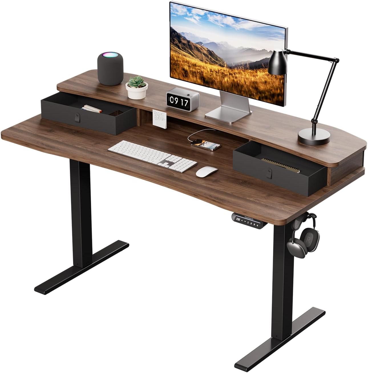 HUANUO 48″ x 24″ Electric Standing Desk with 2 Drawers, C-Clamp Mount Compatible, Height Adjustable Computer Desk, Home Office Stand Up Desk with 4 Preset Heights & 2 Hooks, Black