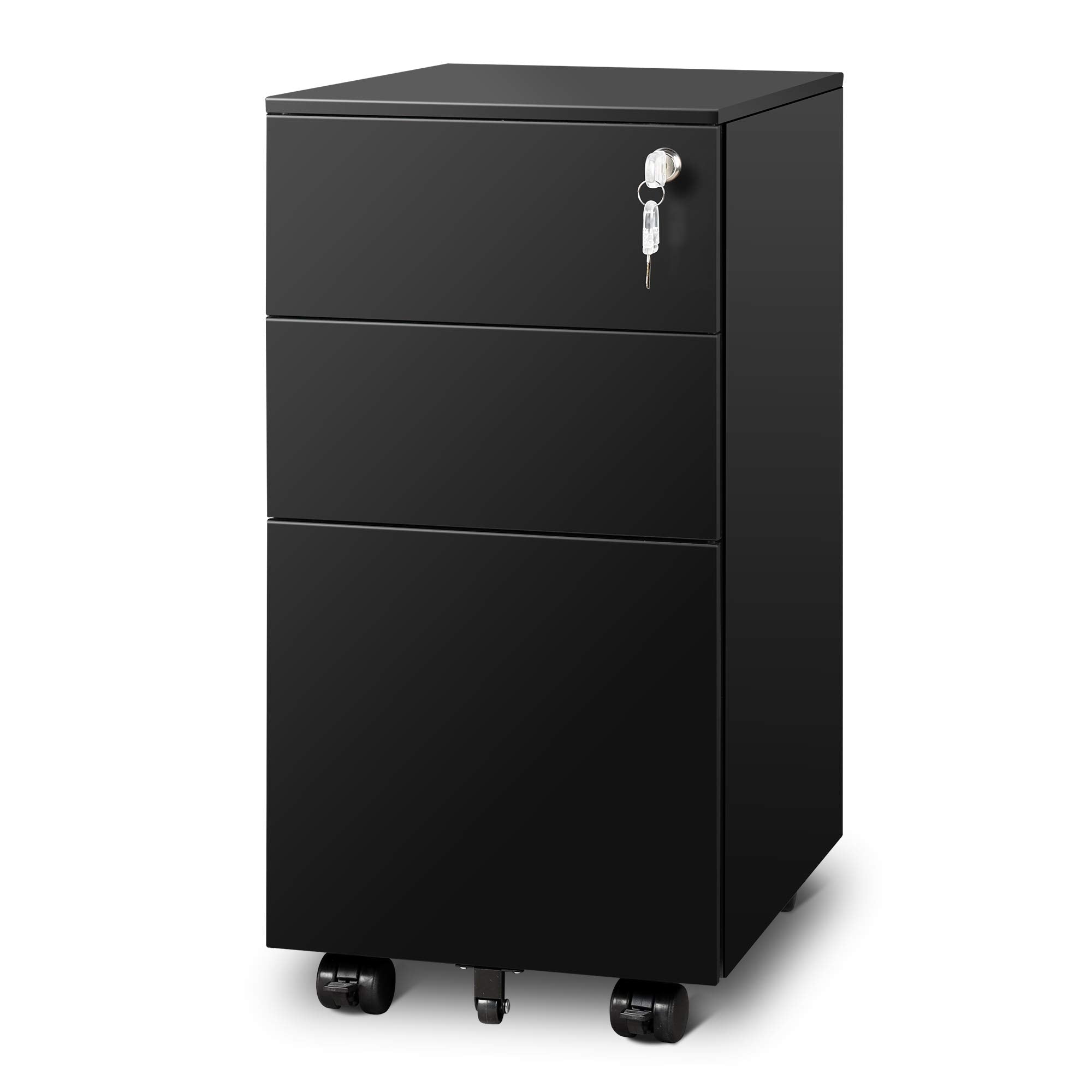 DEVAISE 3 Drawer File Cabinet with Lock, Under Desk Metal Filing Cabinets with Wheels for Home Office Fit Legal/Letter/A4 File, Assembled Except Casters,Black