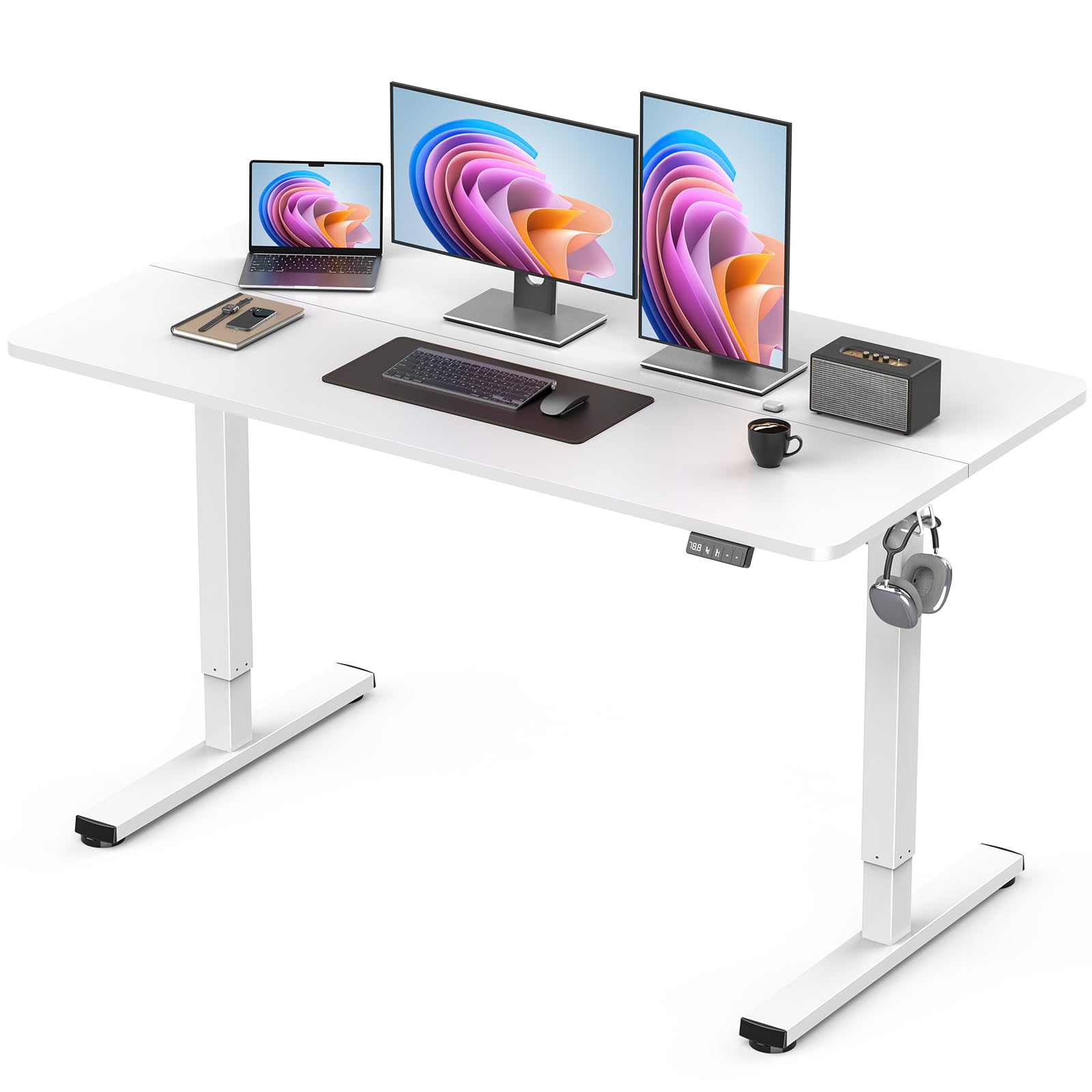 32" Small Electric Rolling Standing Desk Adjustable Height, Mobile Sit Stand up Desk with Lockable Casters for Home Office & Computer Workstation, Splice Board, 2 Hooks, White Frame/White Top