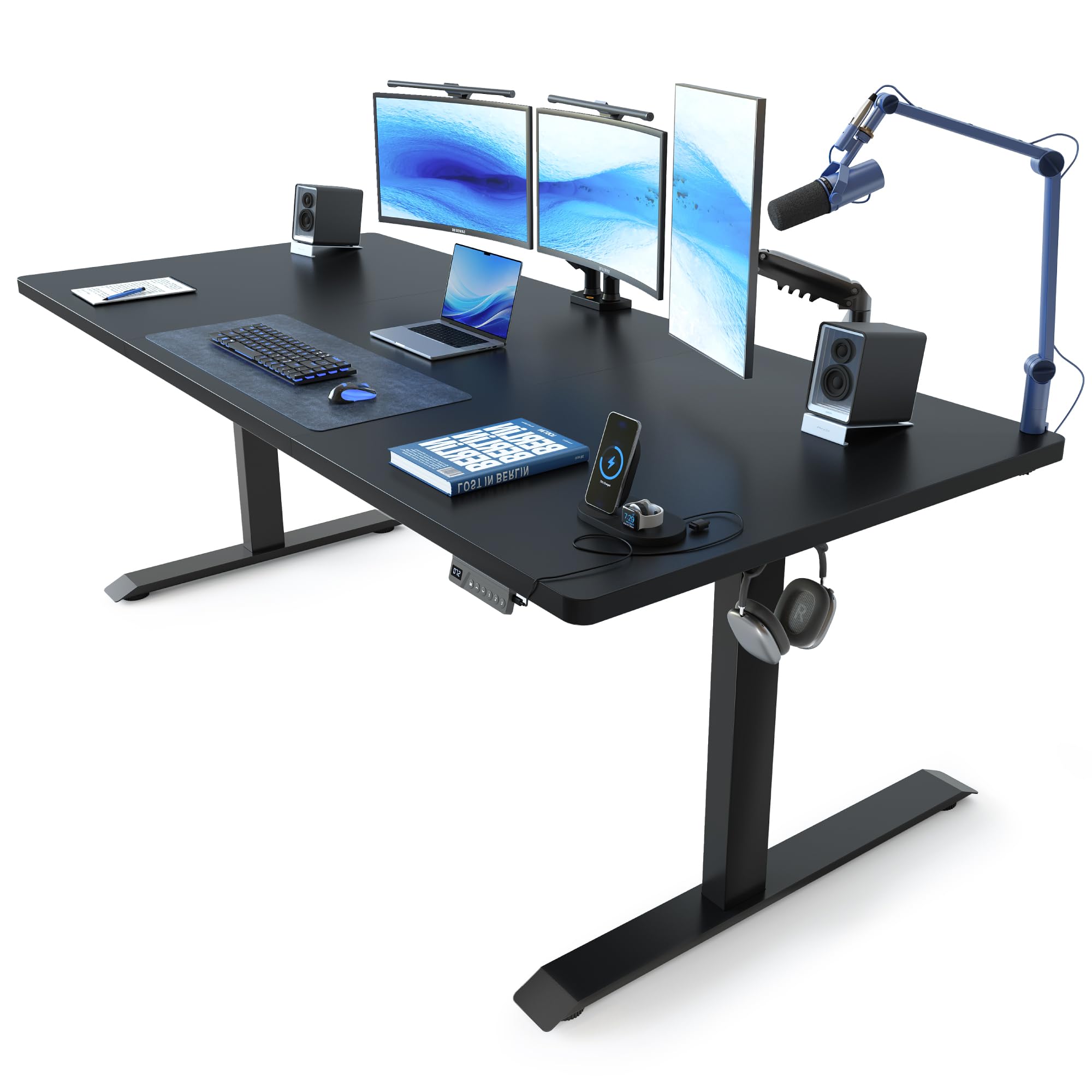 FEZIBO Standing Desk, 48 × 24 Inches Electric Height Adjustable, Sit and Stand Up, Computer Office Desk with Splice Board, White Frame/Maple TOP