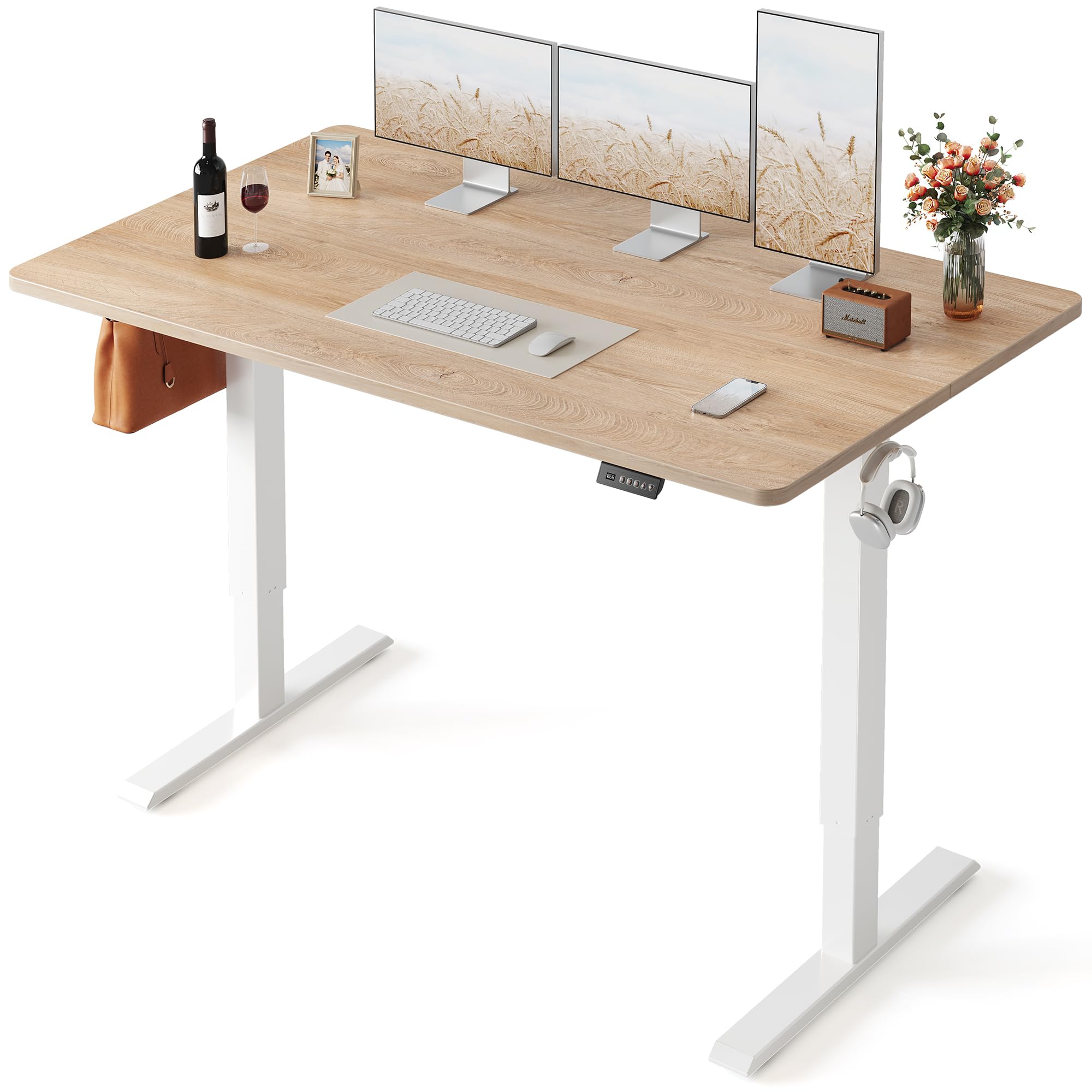 FEZIBO Standing Desk, 48 × 24 Inches Electric Height Adjustable, Sit and Stand Up, Computer Office Desk with Splice Board, White Frame/Maple TOP