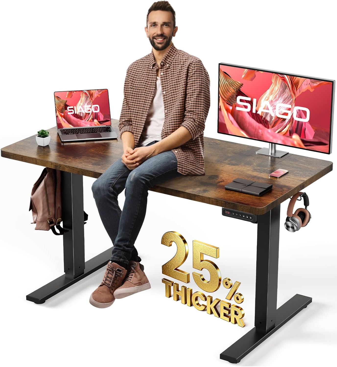 SIAGO Electric Standing Desk Adjustable - 48 x 24 Inch Sit Stand up Desk with 0.8 Inch Thick Tabletop - Adjustable Height Table with 3 Memory Preset, Cable Management for Home Office