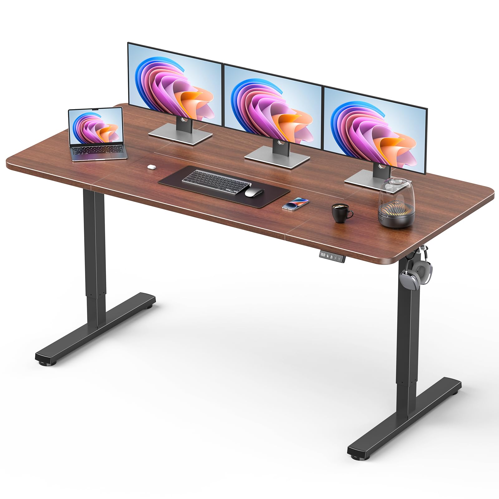 32" Small Electric Rolling Standing Desk Adjustable Height, Mobile Sit Stand up Desk with Lockable Casters for Home Office & Computer Workstation, Splice Board, 2 Hooks, White Frame/White Top