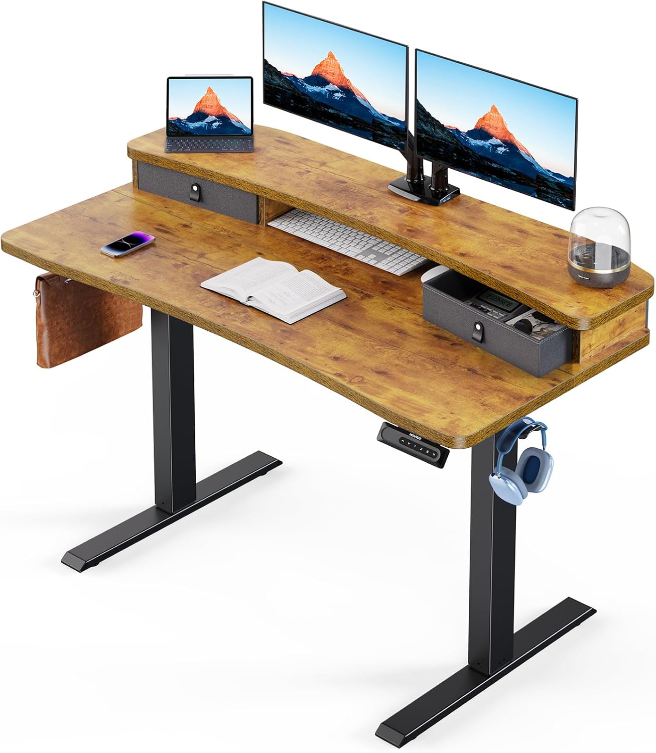 HUANUO 48″ x 24″ Electric Standing Desk with 2 Drawers, C-Clamp Mount Compatible, Height Adjustable Computer Desk, Home Office Stand Up Desk with 4 Preset Heights & 2 Hooks, Black