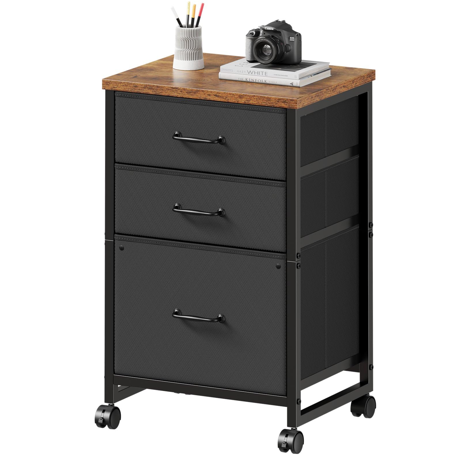 Maihail 3 Drawer Mobile File Cabinet with Wheels Fabric Vertical Filing Cabinet fits A4 or Letter Size for Home Office,Rustic Brown2