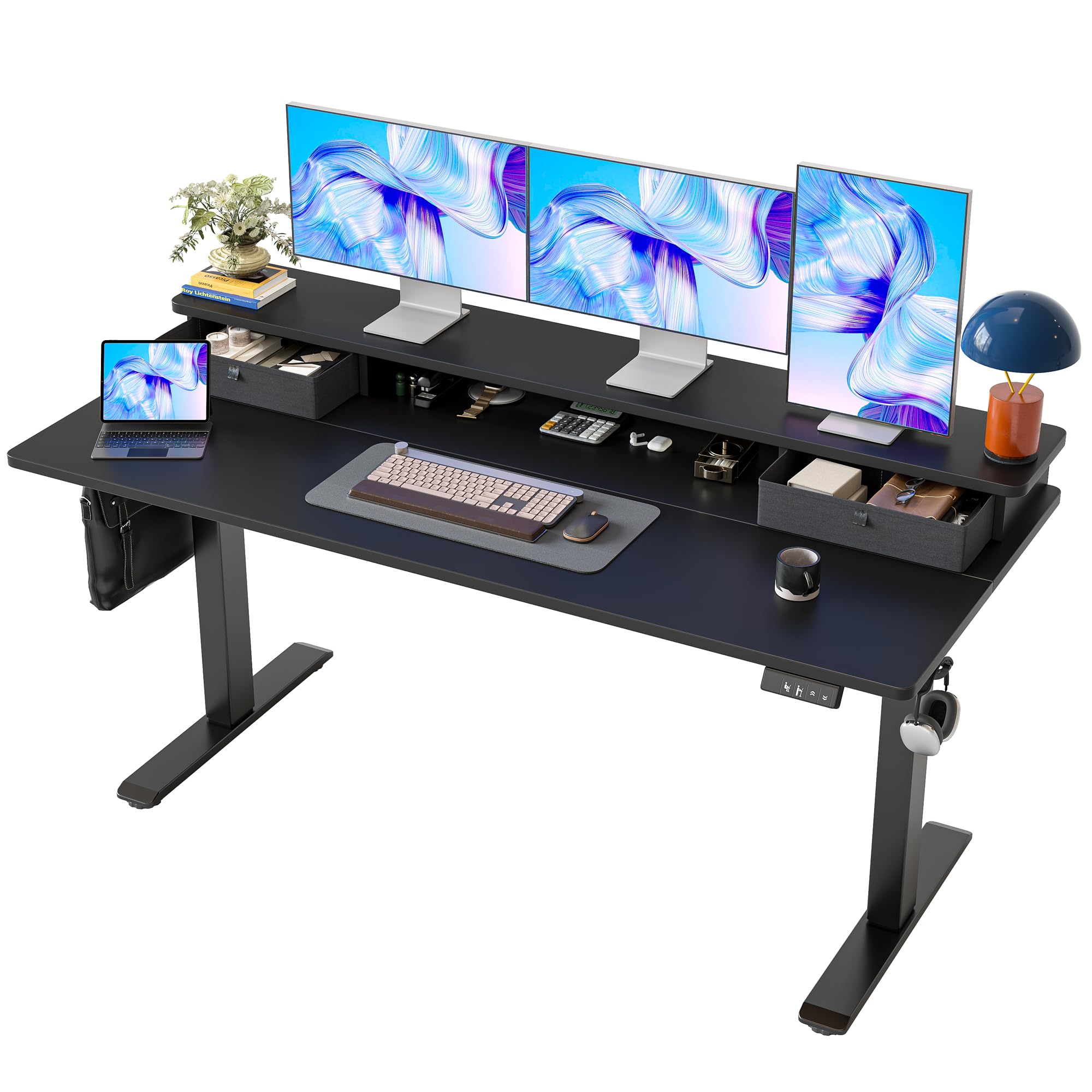 TIQLAB Standing Desk with Two Drawers, Stand Up Standing Desk Adjustable Height, Electric Sit Stand Table with Storage Shelf and Splice Board, 48 * 24 inch, Maple