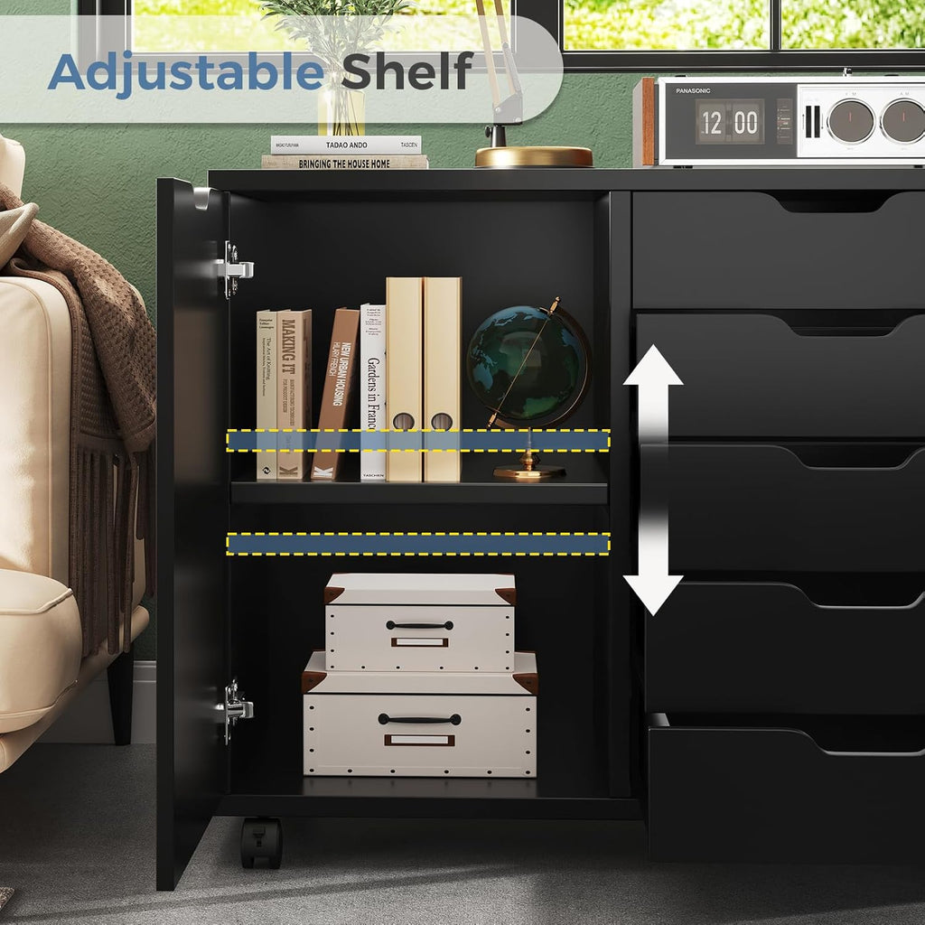 DUMOS 5 Drawer File Cabinet Office Drawers Organizer with Wheels Rolliing, Under Desk Cabinets with Shelves and Door Printer Stand with Wood Board Metal Frame for Home Office Storage Craft Room, Black