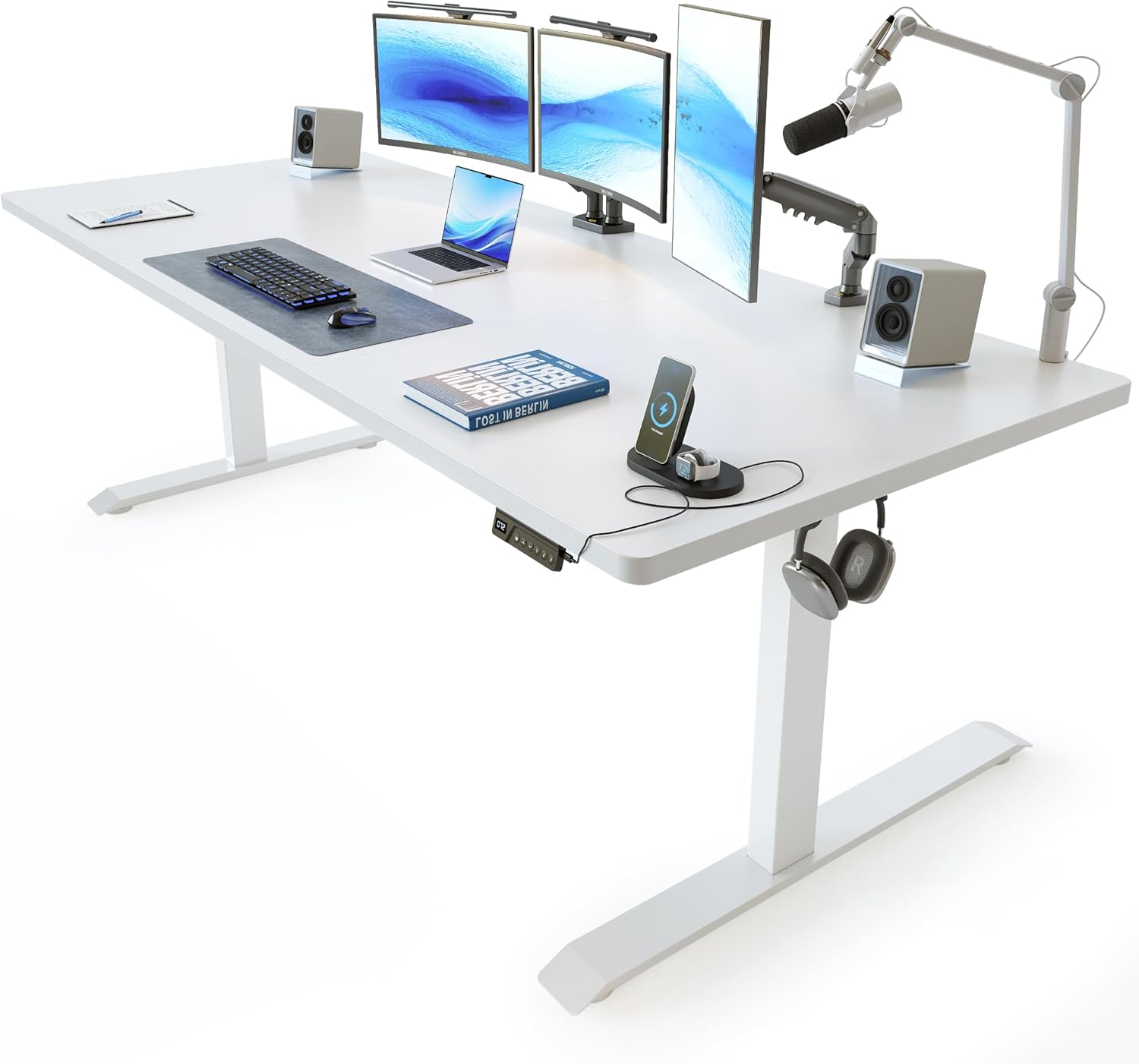 FEZIBO Standing Desk, 48 × 24 Inches Electric Height Adjustable, Sit and Stand Up, Computer Office Desk with Splice Board, White Frame/Maple TOP