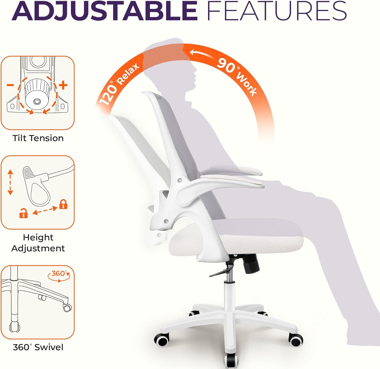 NEO Chair Office Desk Gaming Ergonomic Computer Chair with Lumbar Back Support Adjustable Height Swivel Rolling Wheels Flip-up Arms Mesh Chair for Home Vanity (Ivory)