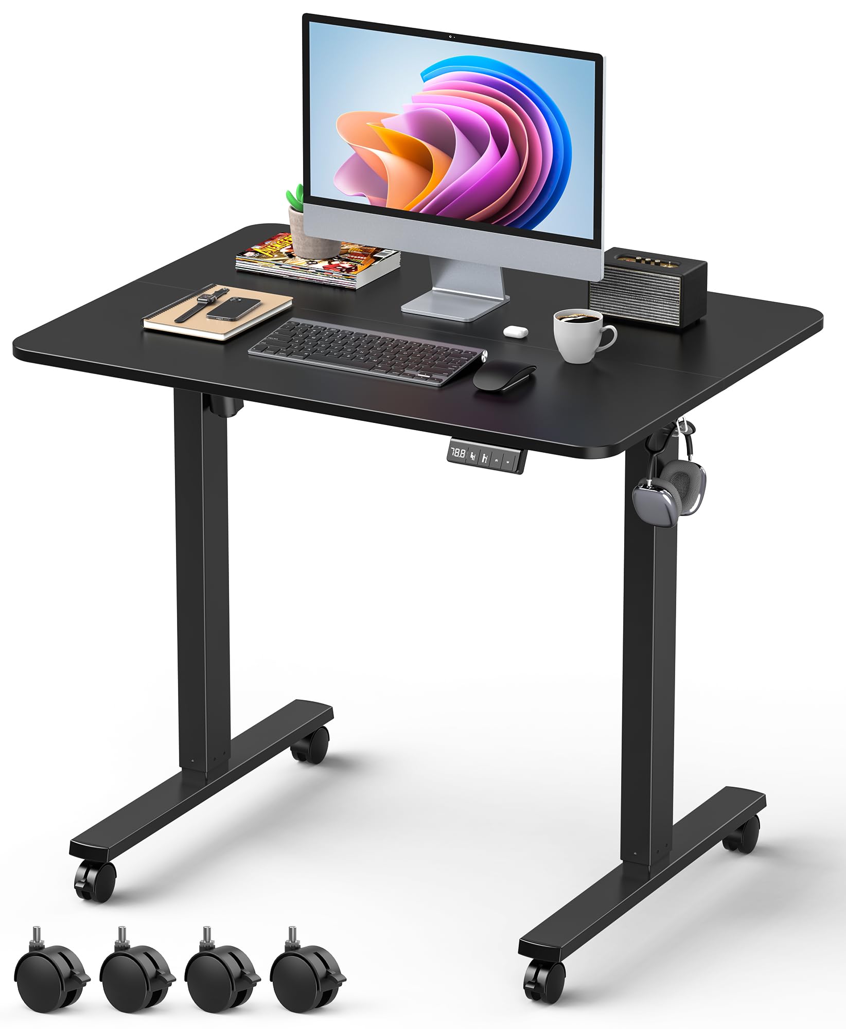 32" Small Electric Rolling Standing Desk Adjustable Height, Mobile Sit Stand up Desk with Lockable Casters for Home Office & Computer Workstation, Splice Board, 2 Hooks, White Frame/White Top