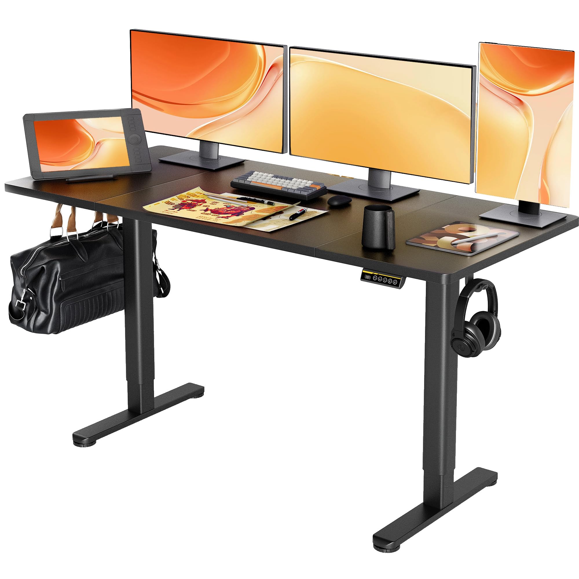 Claiks Electric Standing Desk, Adjustable Height Stand up Desk, 24x48 Inches Sit Stand Home Office Desk with Splice Board, Black Frame/Rustic Brown Top