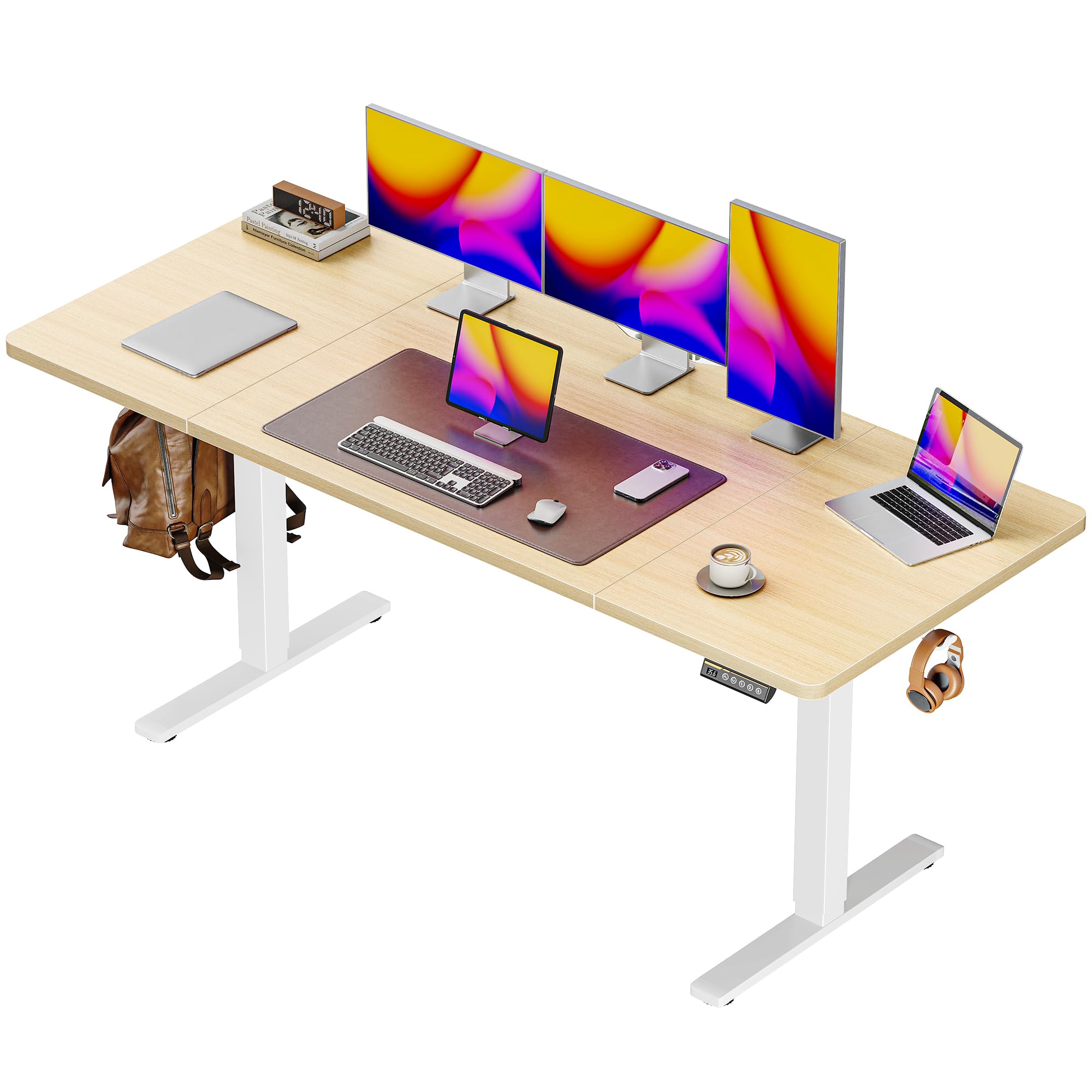 Huuger 55 x 28 Large Electric Standing Desk, Height Adjustable Computer Desk, 27.6" Deep Desktop, Stand up Gaming Office Desk with 2 Hooks, 3 Preset Heights, for Home Office, Rustic Brown