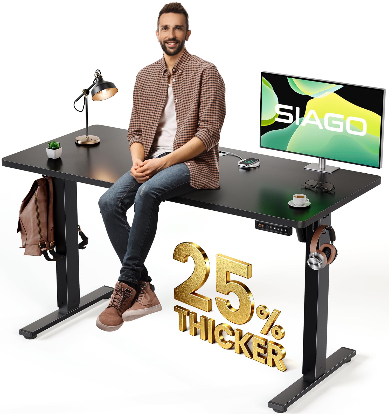 SIAGO Electric Standing Desk Adjustable - 48 x 24 Inch Sit Stand up Desk with 0.8 Inch Thick Tabletop - Adjustable Height Table with 3 Memory Preset, Cable Management for Home Office