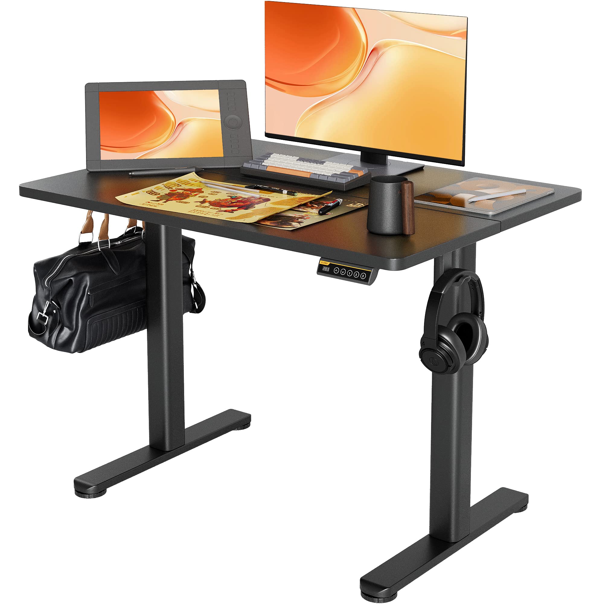 Claiks Electric Standing Desk, Adjustable Height Stand up Desk, 24x48 Inches Sit Stand Home Office Desk with Splice Board, Black Frame/Rustic Brown Top