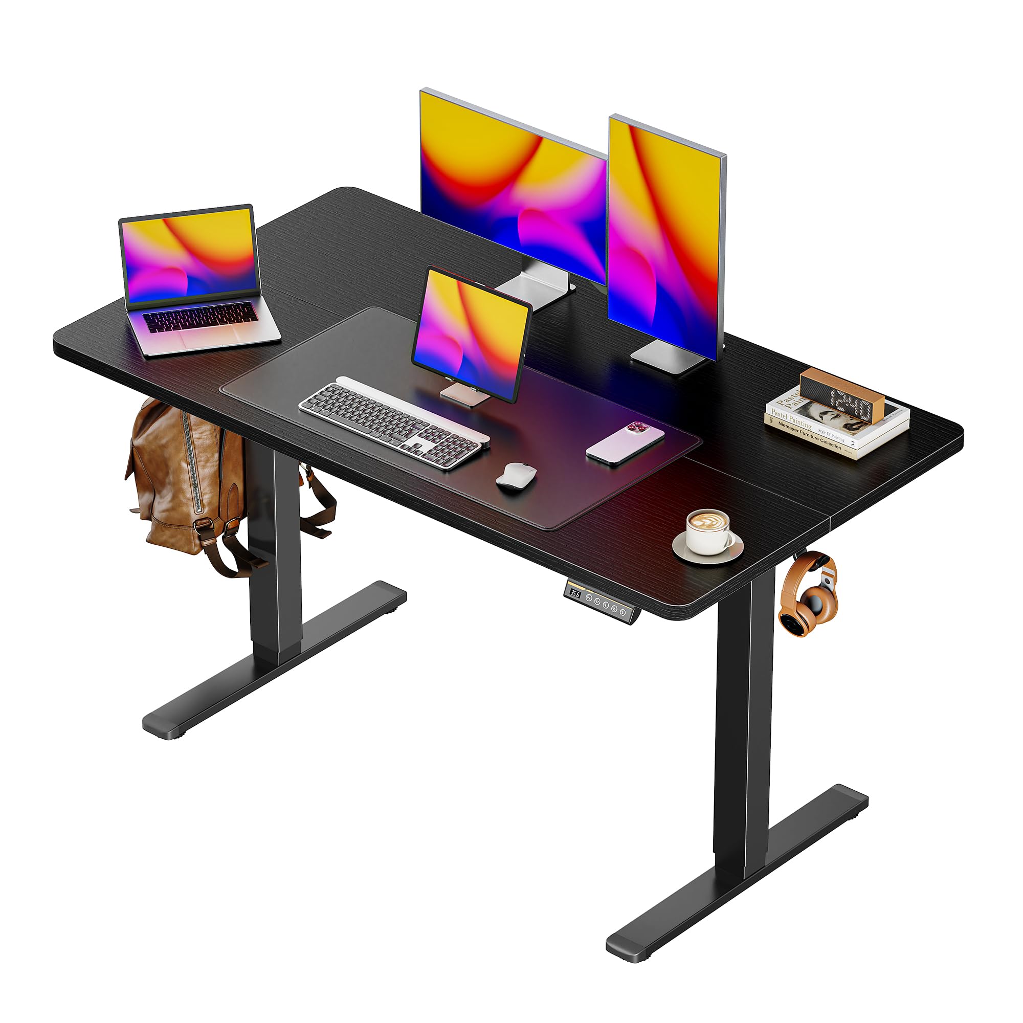 Huuger 55 x 28 Large Electric Standing Desk, Height Adjustable Computer Desk, 27.6" Deep Desktop, Stand up Gaming Office Desk with 2 Hooks, 3 Preset Heights, for Home Office, Rustic Brown