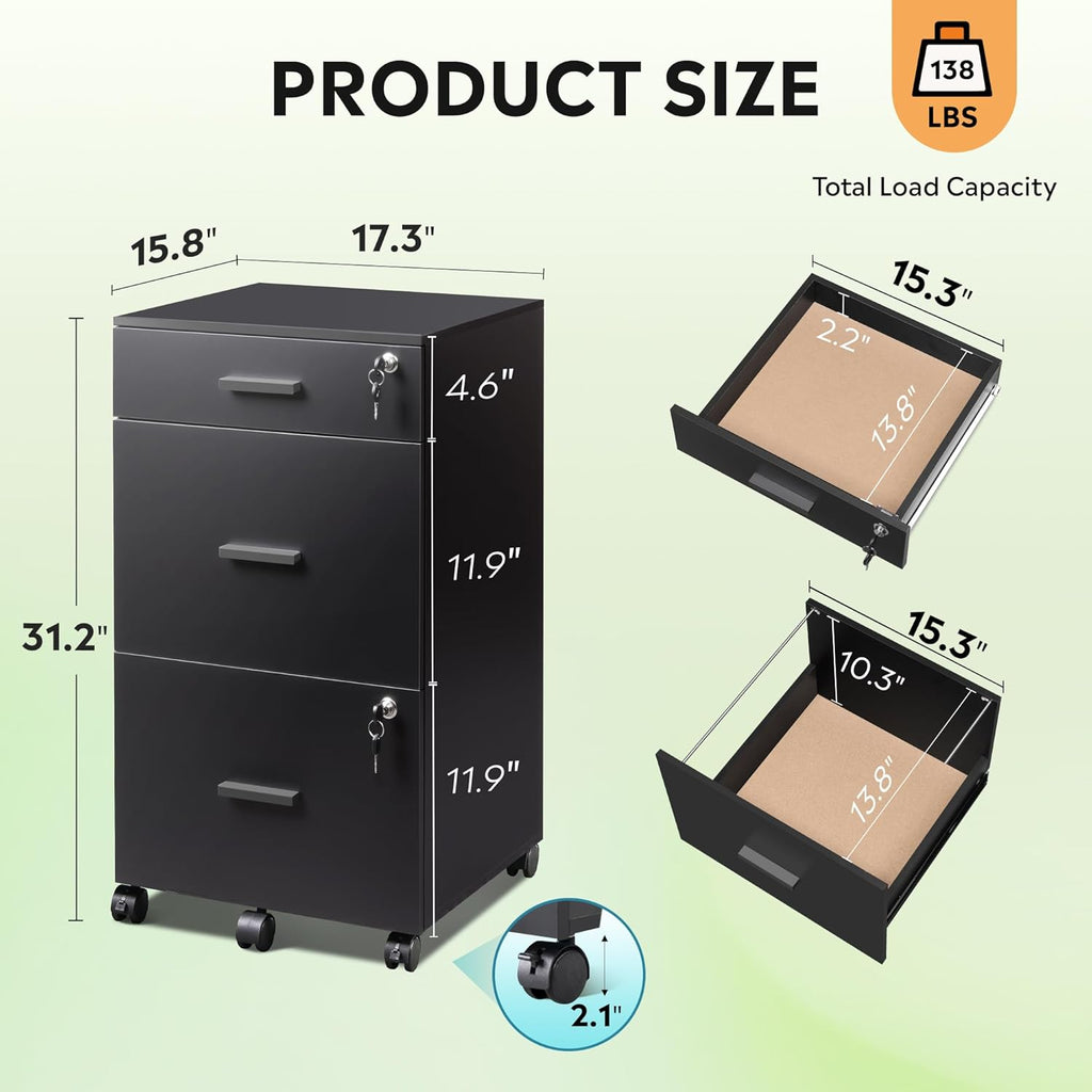 DEVAISE 3 Drawer Rolling File Cabinet with Lock, Wood Filing Cabinet fits Letter / A4 Size for Home Office, Black