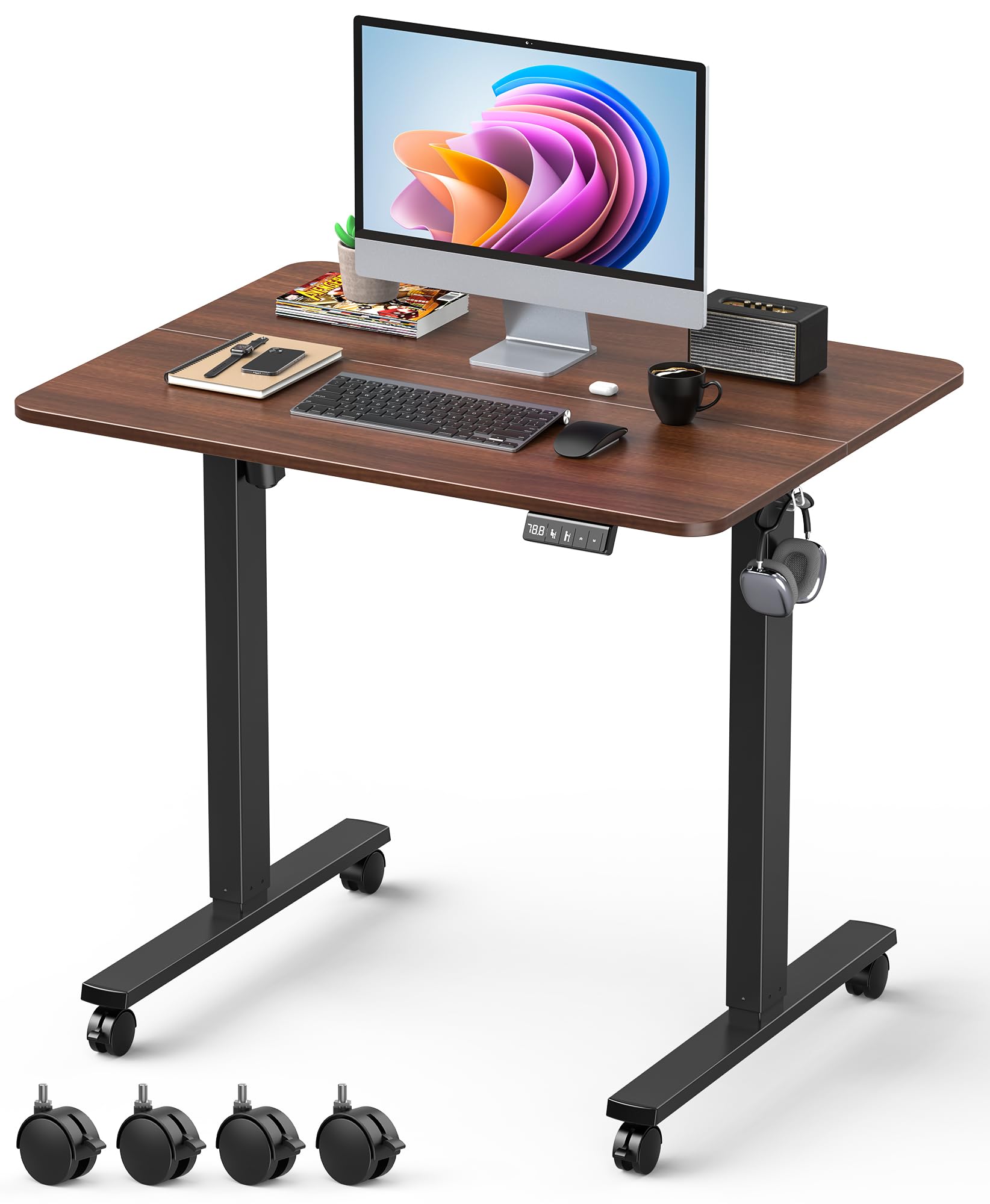 32" Small Electric Rolling Standing Desk Adjustable Height, Mobile Sit Stand up Desk with Lockable Casters for Home Office & Computer Workstation, Splice Board, 2 Hooks, White Frame/White Top